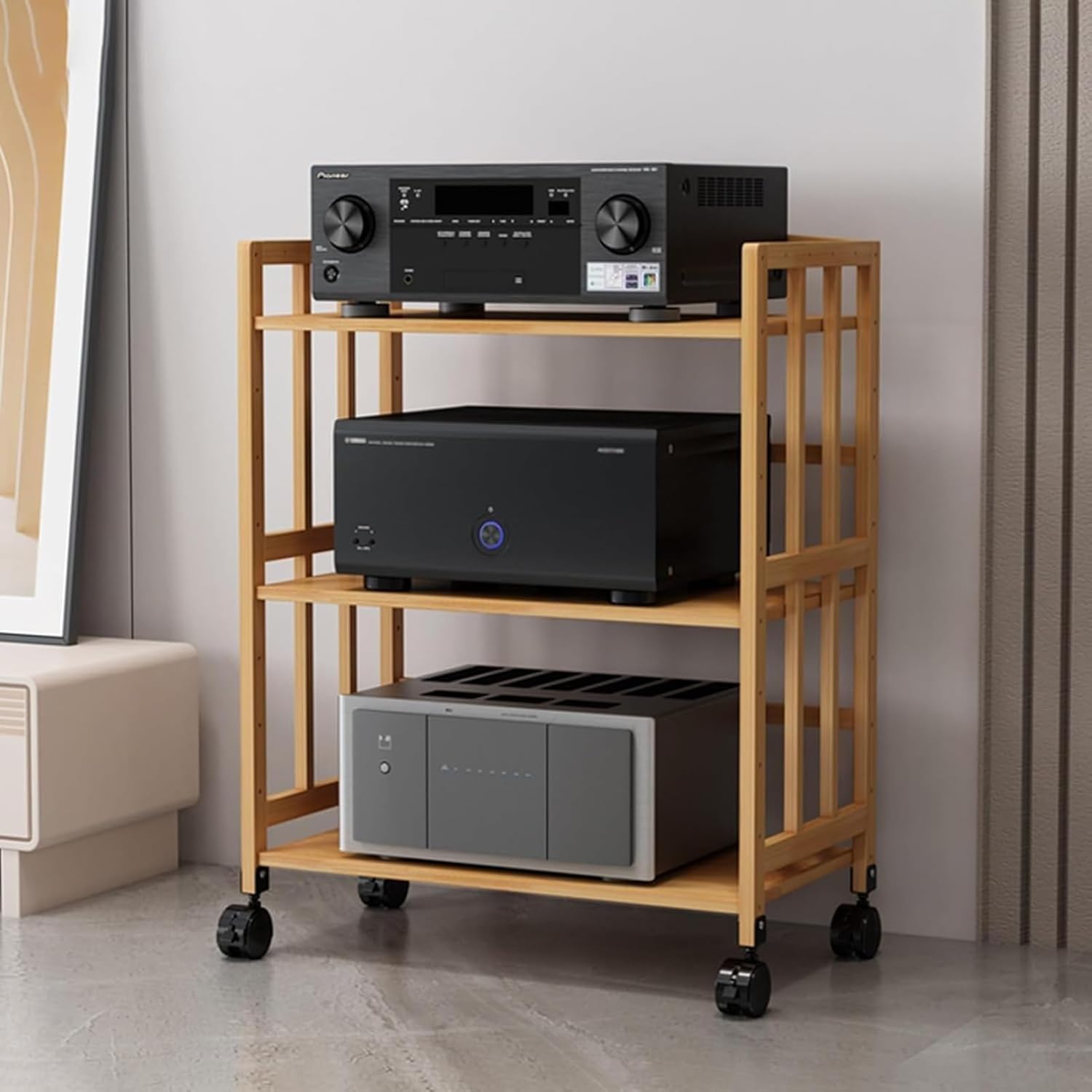 XingLi Wooden 3 Tier Audio Rack CD Media Player Stand Audio/Video Component Cabinet Floor-Standing Movable Storage Shelf for Living