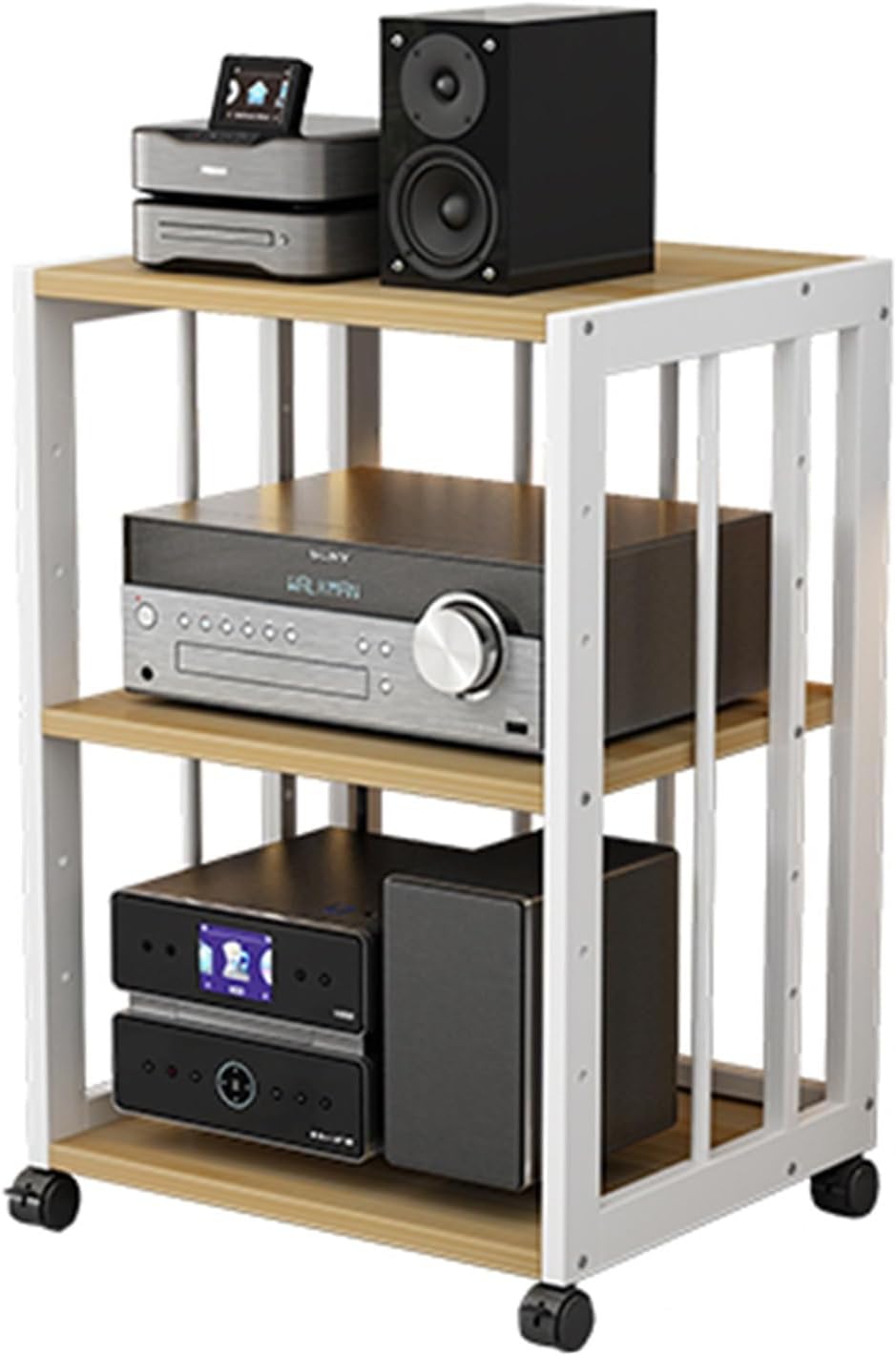 YLQFGUVWK 3-Layer Media Storage Cabinet Video Rack CD Player Stand Stereo Component Storage Cabinet for Office/Audio Video/DJ/Theater with Height Adjustable Wooden Shelf(White)