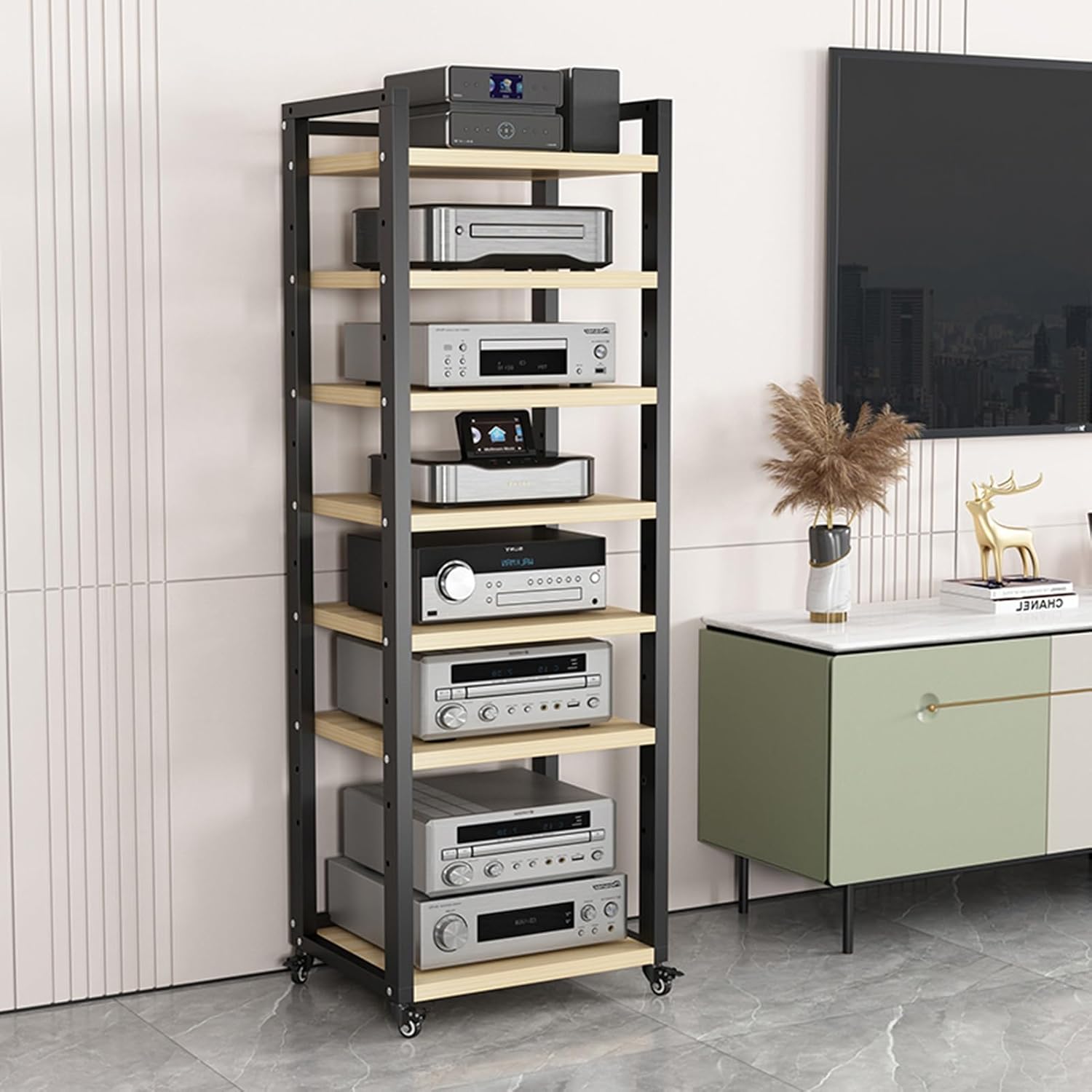 7-Tier AV Component Media Stand Movable Audio Tower and Media Center CD Player Stand Stereo Cabinet with Height Adjustable Wooden Shelf for Home/Office/Theater