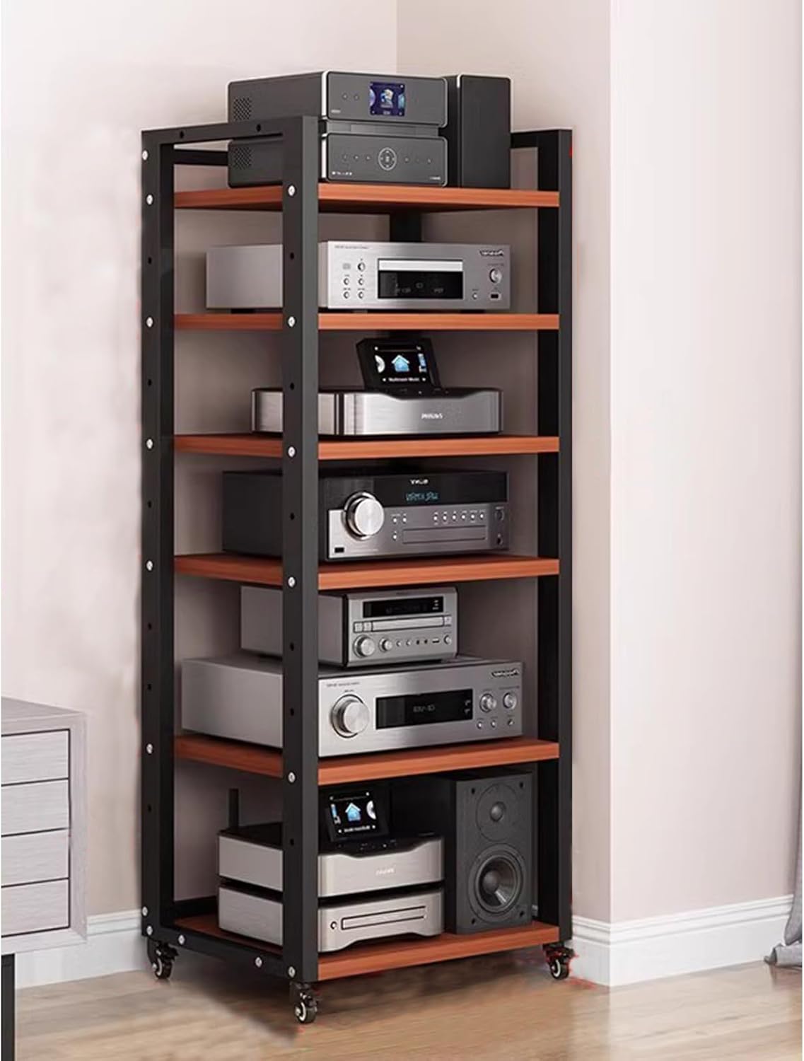 JIXDILO 4-Tier AV Media Stand with Wheels Adjustable Height Wooden Shelves Stereo Component Cabinet Storage Rack Audio Rack Tower for DVD Players Game Console TV Box(6-Tier