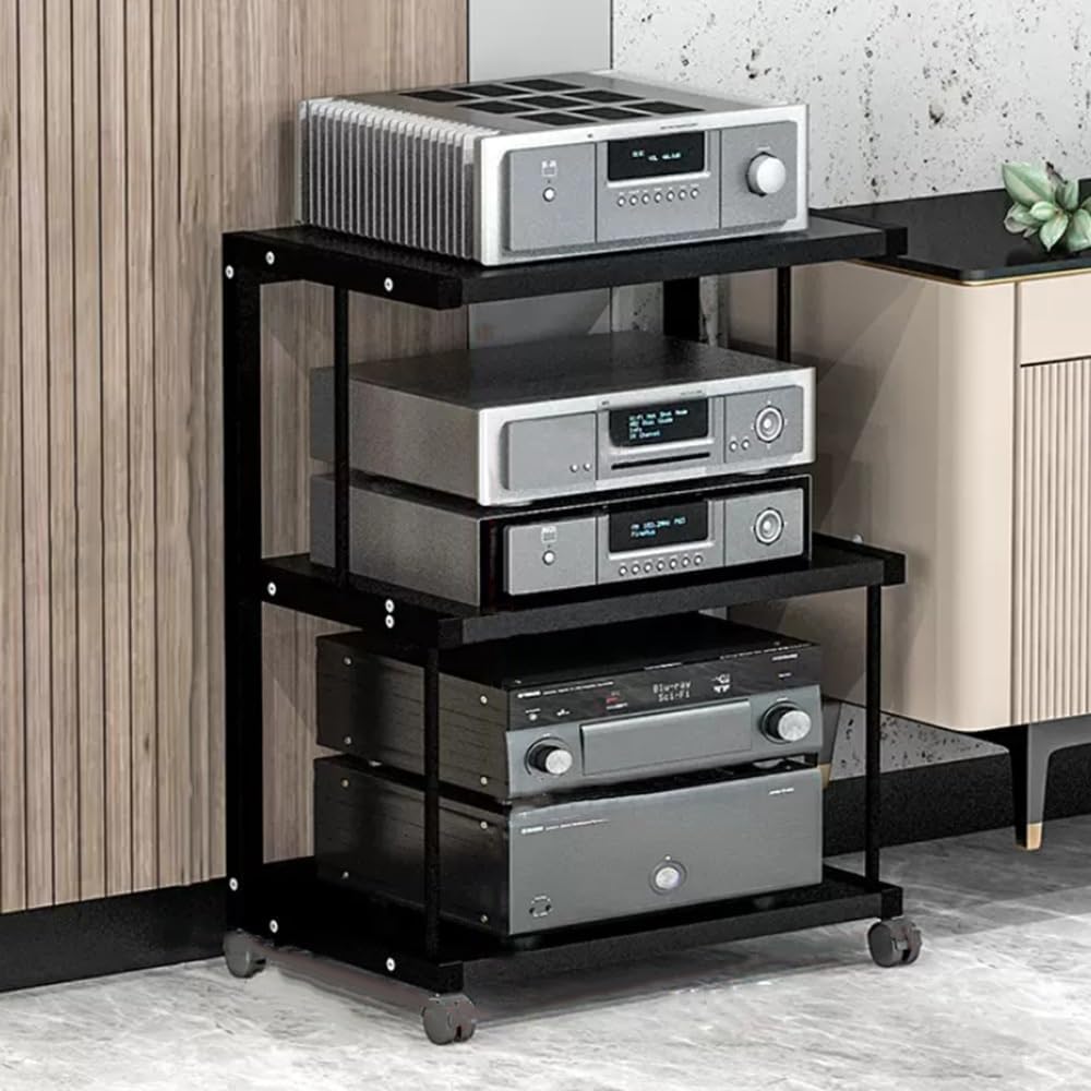 NILZA 3-Tier Movable Audio Tower Record Player Stand Media Stand Audio/Video Rack CD Player Stand Stereo Component Storage Cabinet Open Storage Shelf - White/Black(Black