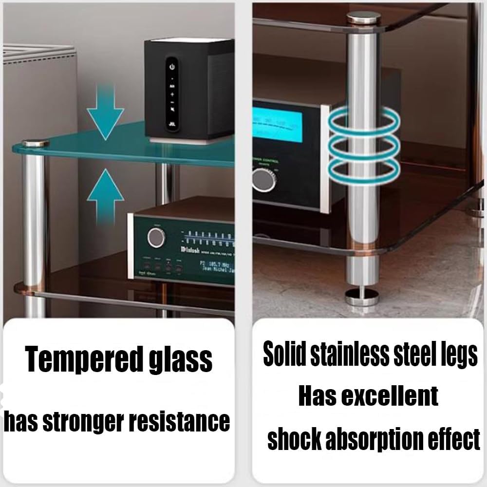KGPGNYMYHA 4-Tier Glass Media Stand Audio Video Media Center Stereo Cabinet Audio Rack Tower Record Player Display Stand For Living Room Music Studio(Brown