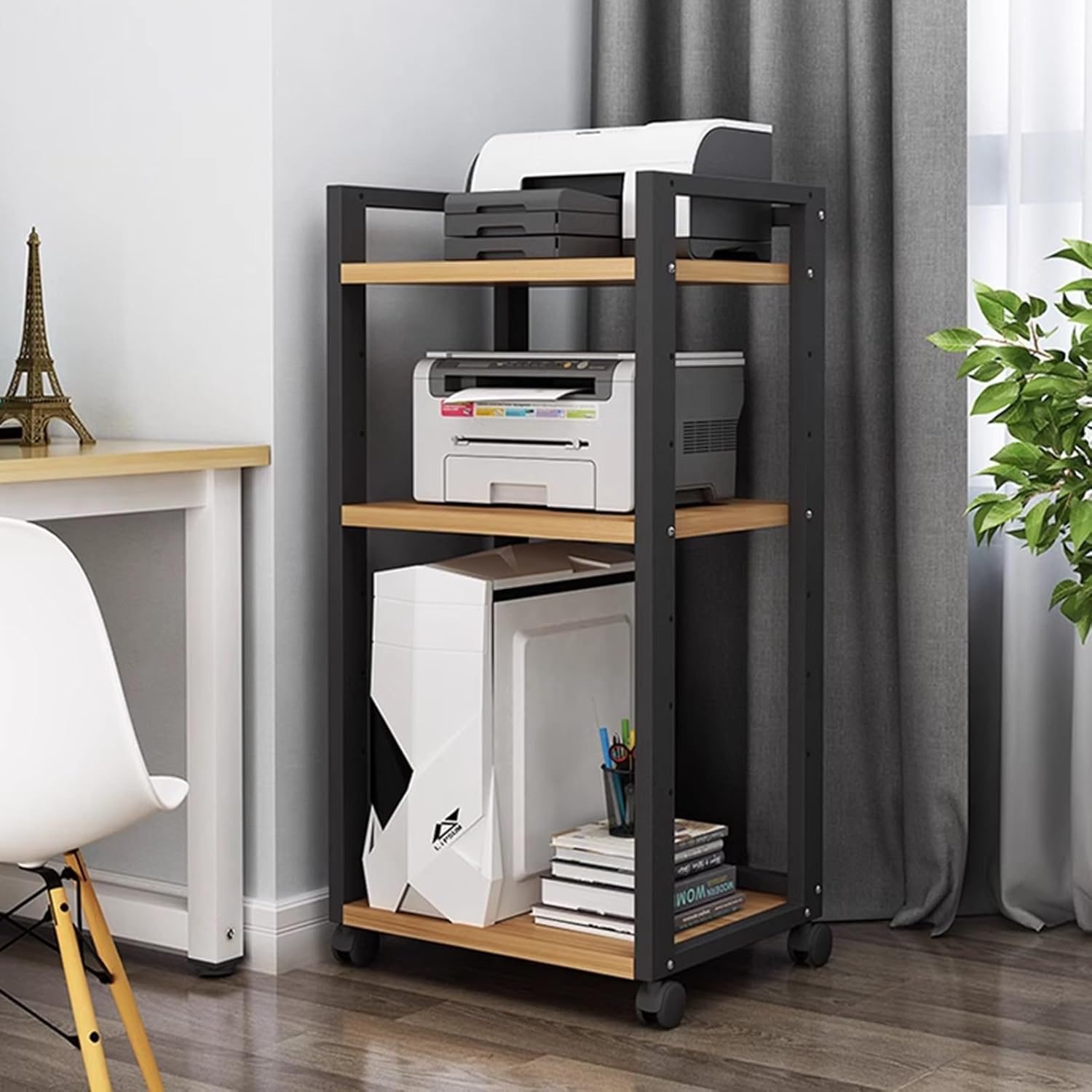 Open Multifunction 3 Tier Movable Storage Cart DVD CD Player Stand Amplifier Rack Audio Video Component Media Stand with 3 Adjustable Wooden Board Shelves for Home/Office/DJ/Theater ( Color : B )