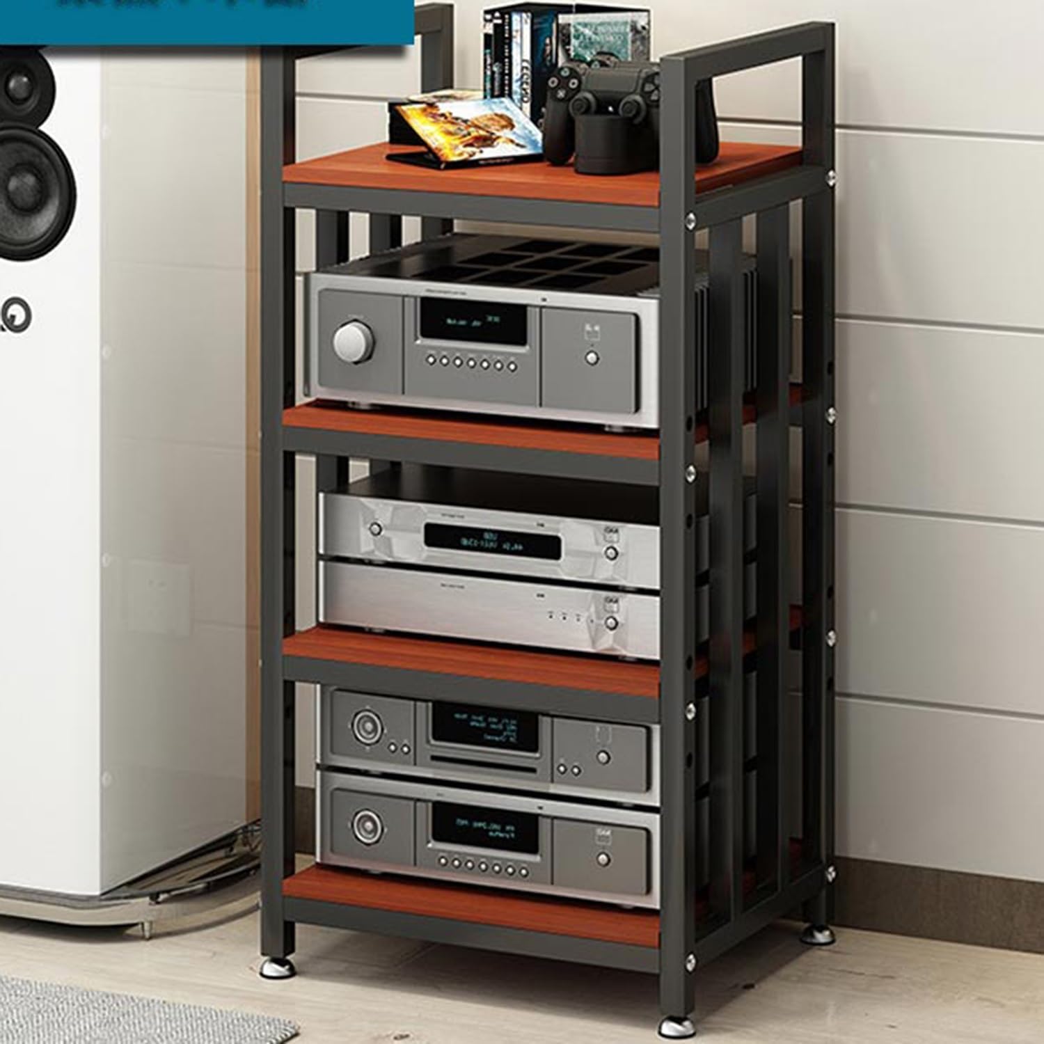 BAYTEWJX Mobile Media Storage Stands Media Stand HiFi RackAudio Component Cabinet Game Stand Floor-Standing Audio Rack Easy to Assemble for Living Gaming Recording Room Meeting.(Black Walnut)