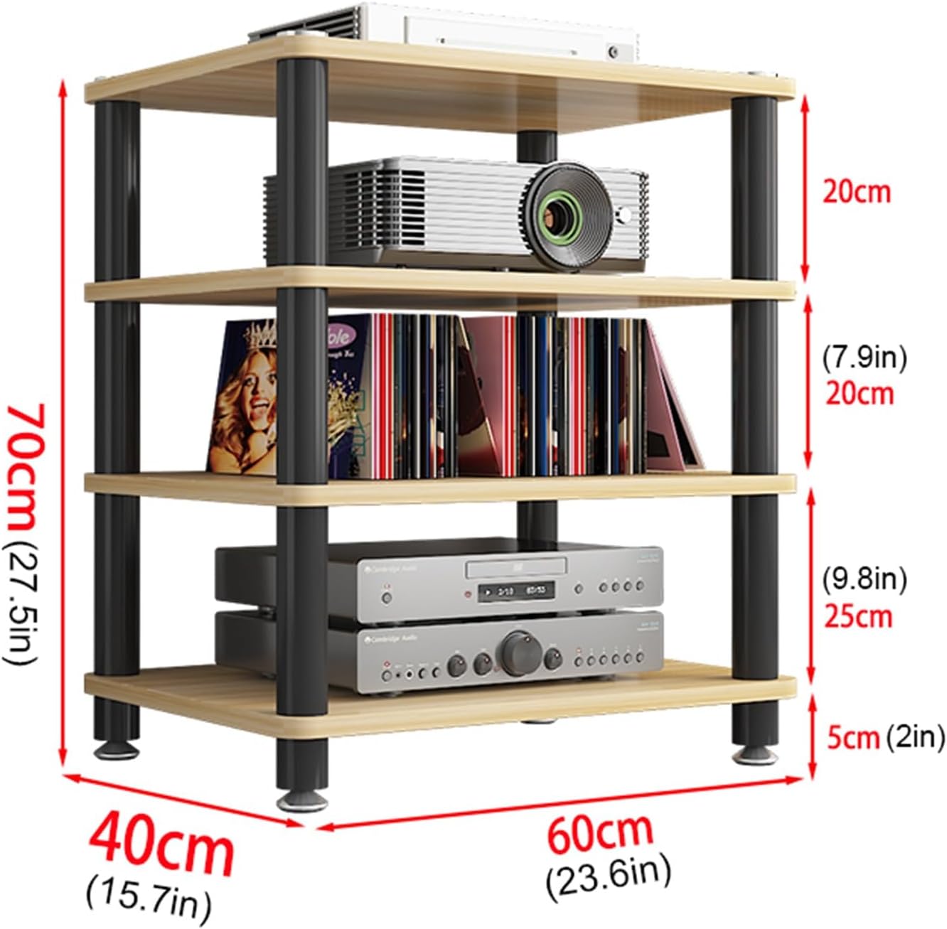 4 Tier AV Media Stand with Wooden Shelves