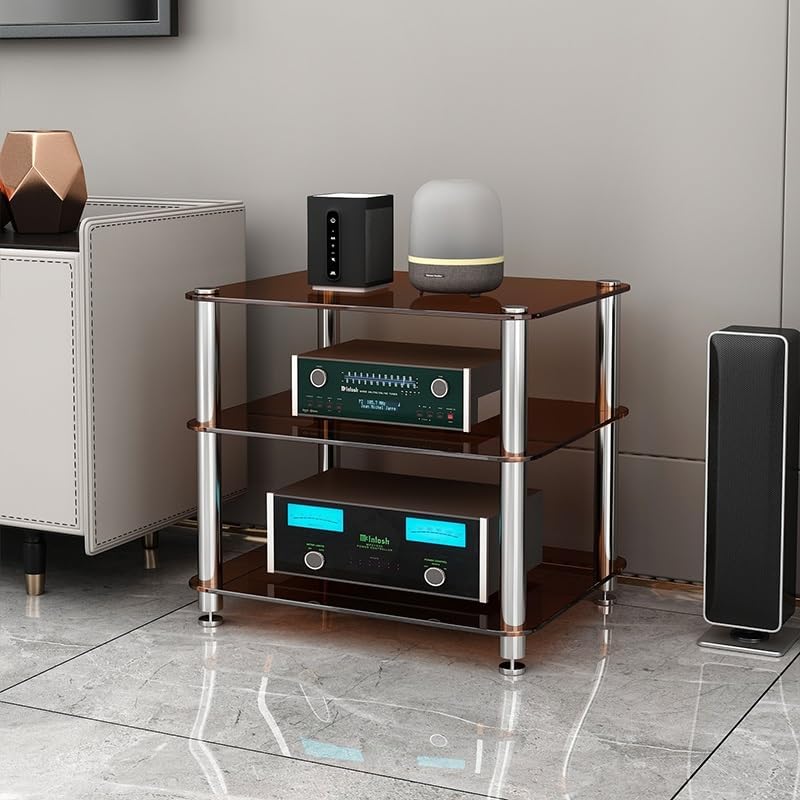 LIHDNGXM 1/2/3/4-Tier Audio Rack Tower with Tempered Glass Shelves Stereo Rack AV Media Stand AV Equipment Cabinet Stereo Receiver Display Stand CD Record Player(Amber Glass