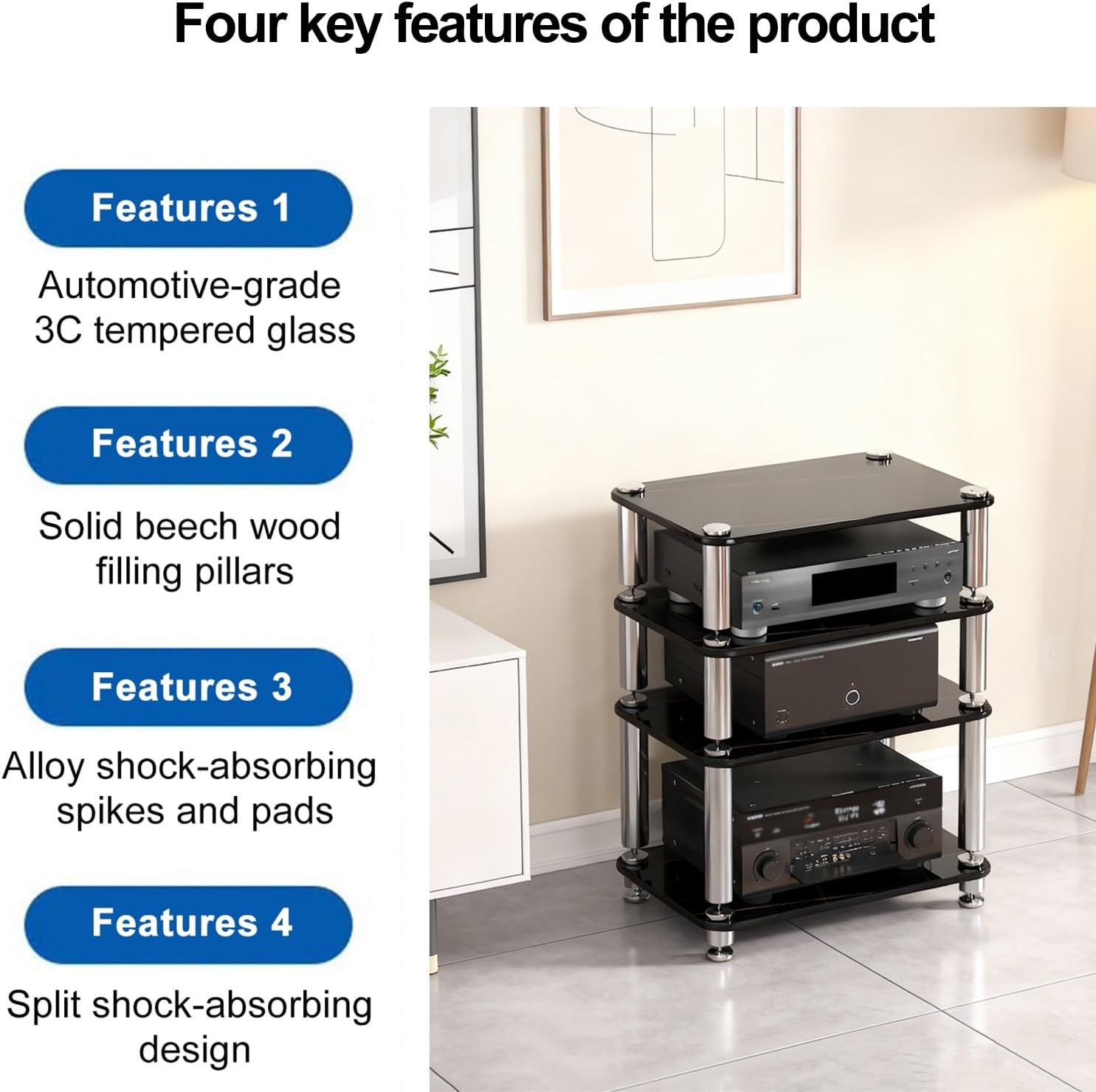 HiFi Rack Audio Cabinet 2/3/4-Tier Record Player Stand Tempered Glass Shelves for Amplifiers and AV Media Open-Style Stereo Cabinet for Corner(White