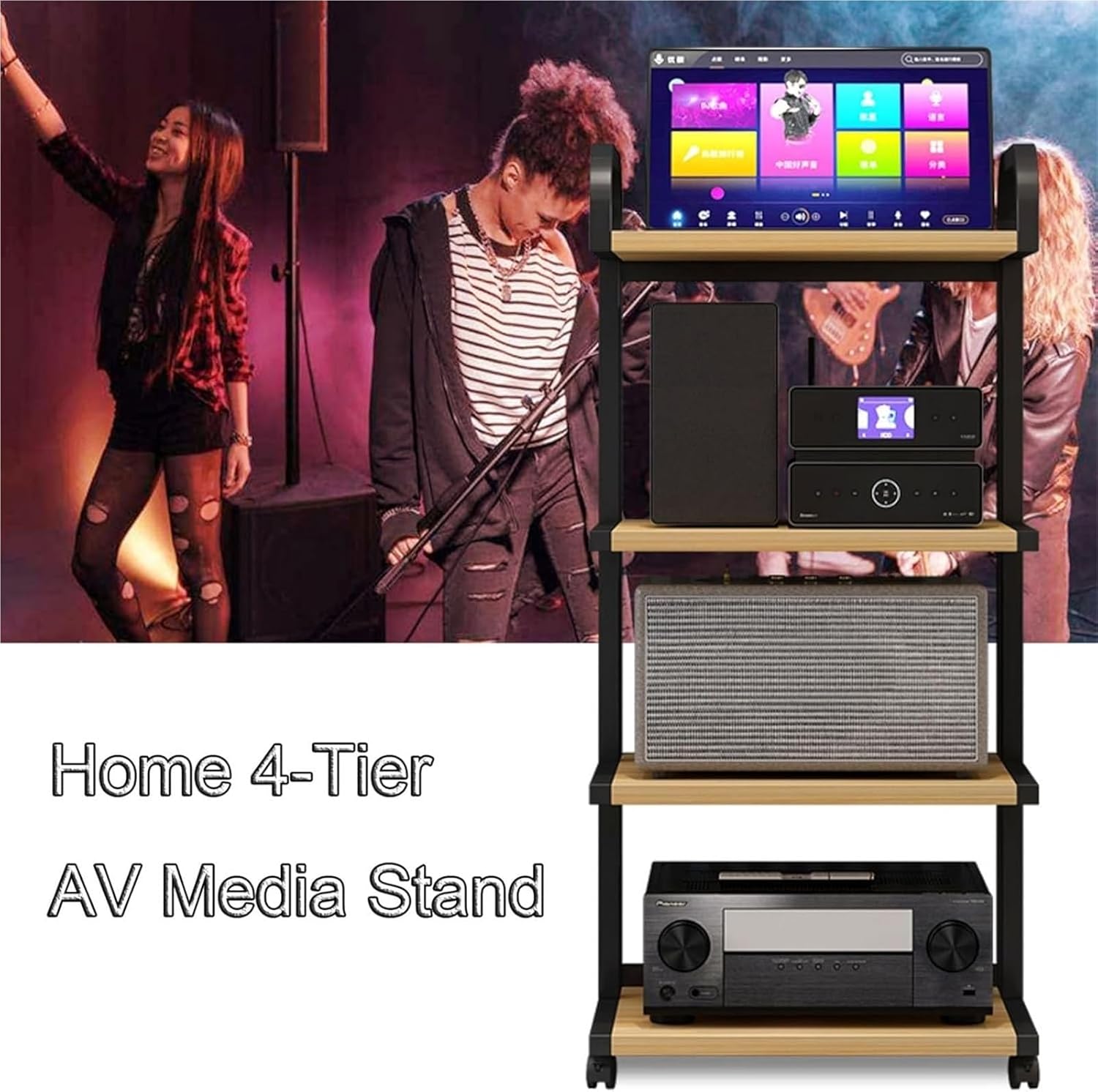 LemNin AV Media Stand AV Media Cabinet Stand 4-Tier Movable AV Media Cabinet Stand Stereo Component Cabinet Wooden Shelf(C)