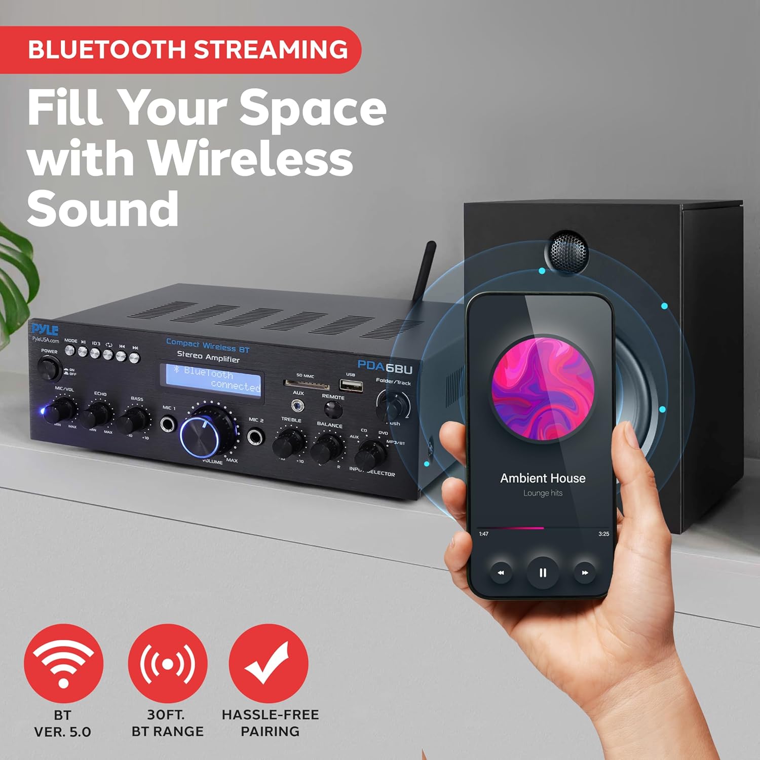 Pyle Wireless Bluetooth Power Amplifier System- 200W Dual Channel Sound Audio Stereo Receiver w/ USB