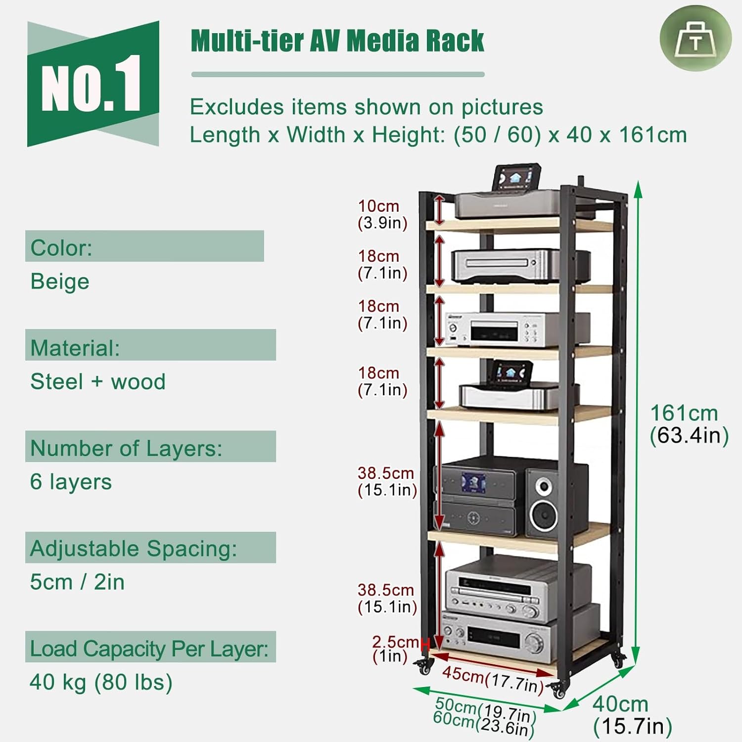 HDYZJQ 5 6 7 8 Tier Av Media Stand Storage Shelf Rack - Stereo Cabinets with Shelf 20 Inch - Record Player Console Table Stand for Home Theatre(Beige