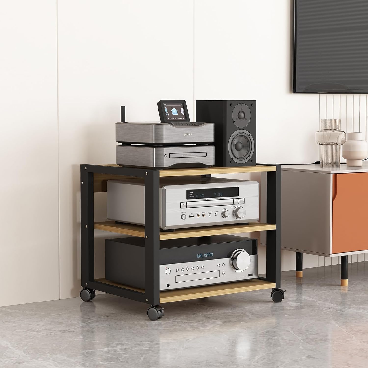 DLYZAYE 3-Tier Movable Audio Rack CD Media Player Stand AV Component Cabinet