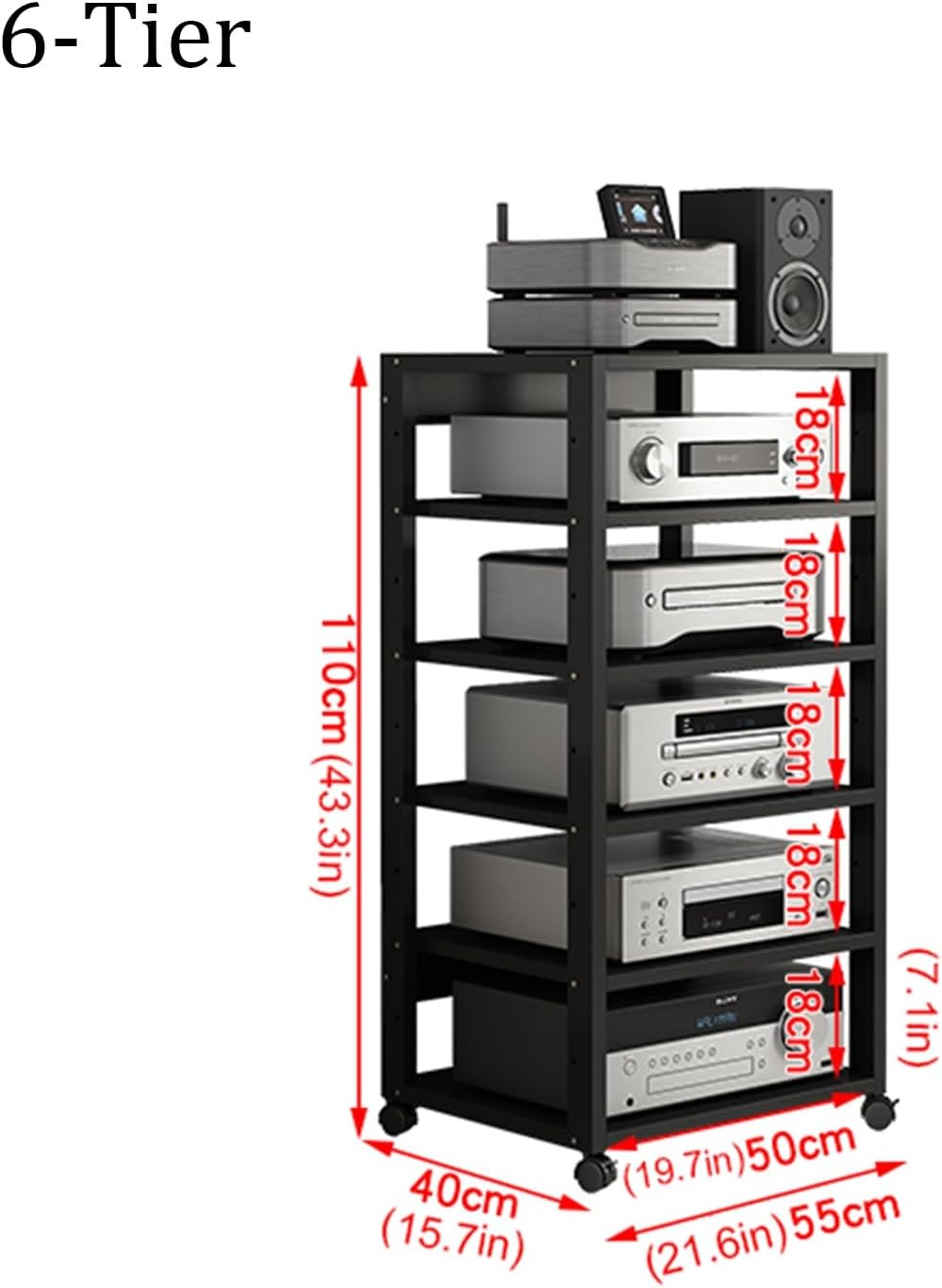 6-Tier Movable Media Stand Audio/Video Rack CD Player Stand Stereo Component Storage Cabinet with Height Adjustable Wooden Shelf for Home/Office/Theater