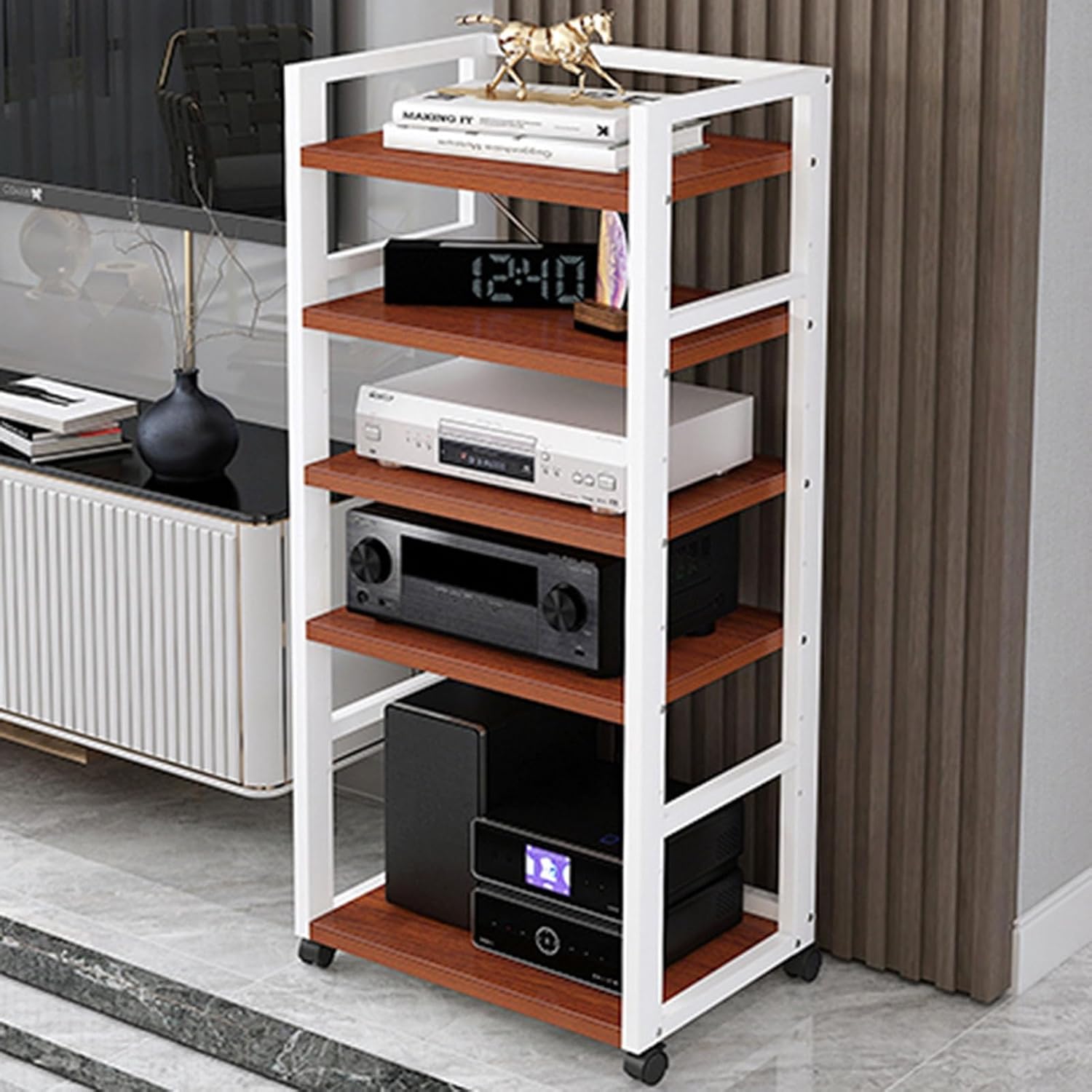 UYCVT Movable Media Stand 5-Tier Movable Audio/Video Media Stand Center Cd Player Stand Stereo Component Storage Cabinet Audio Tower-B