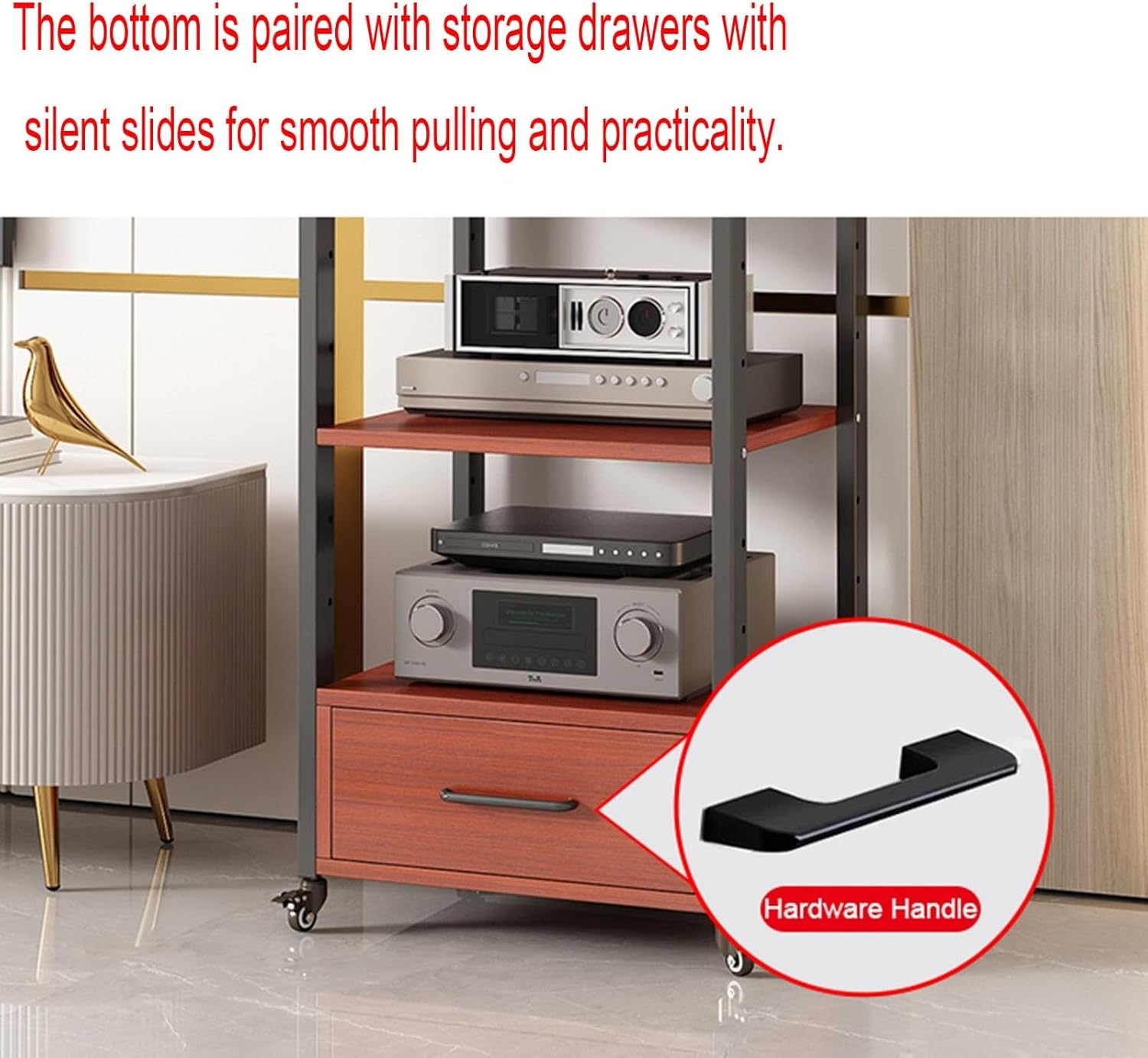 AErosx Movable AV Media Stand CD Player Stand with Drawer Stereo Component Cabinet Media Center Audio Tower Media Storage Rack with Height Adjustable Wood Shelf for Home/Office/Theater (Color : A)