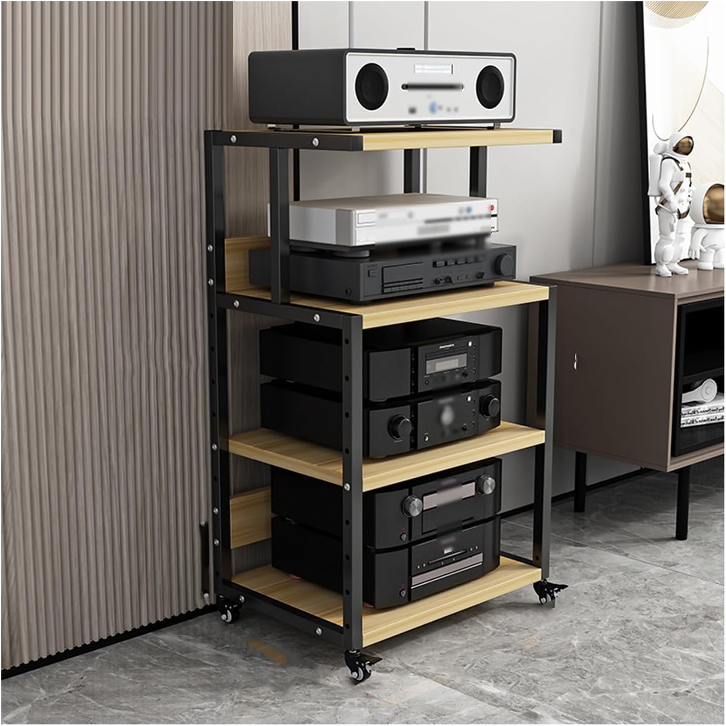 YLQFGUVWK 4 Tier AV Media Stand Corner Shelf Wooden Corner Shelf Component Cabinet Stereo Audio Rack Tower Perfect for DVD Player: with Height Adjustable Wooden Shelf(Color- 2)