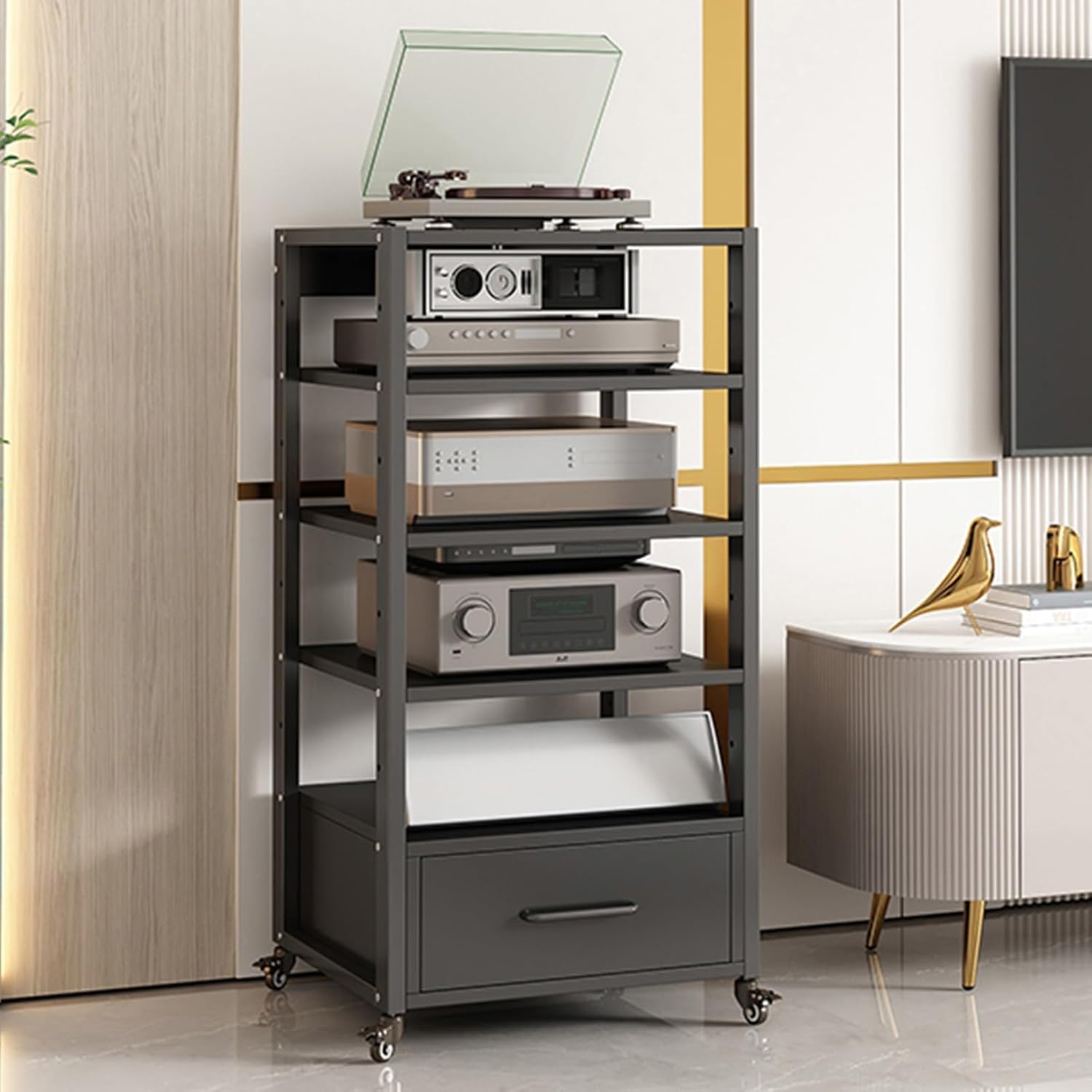 AErosx Movable AV Media Stand CD Player Stand with Drawer Stereo Component Cabinet Media Center Audio Tower Media Storage Rack with Height Adjustable Wood Shelf for Home/Office/Theater (Color : B)