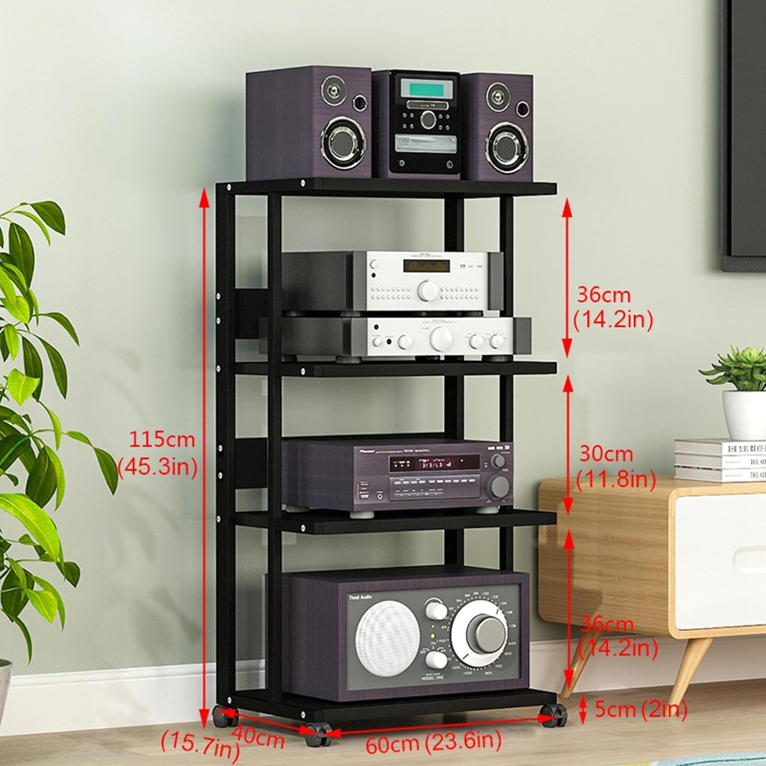 4-Tier Movable Media Stand Audio/Video Component Cabinet