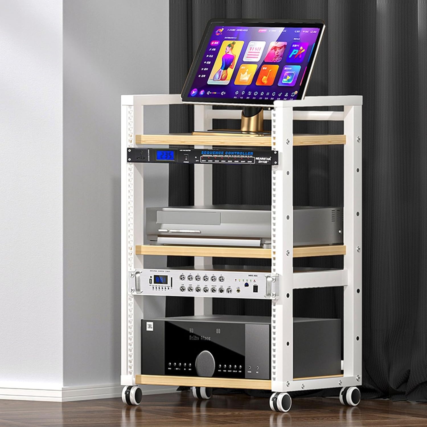 3-Tier AV Media Stand Corner TV Shelf CD Player Stand Stereo Component Storage Cabinet Movable Audio Rack with Height Adjustable Wooden Shelf for Home/Office/Theater(Color:Black 1)