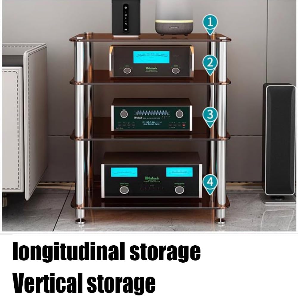 KGPGNYMYHA 4-Tier Glass Media Stand Audio Video Media Center Stereo Cabinet Audio Rack Tower Record Player Display Stand For Living Room Music Studio(Brown