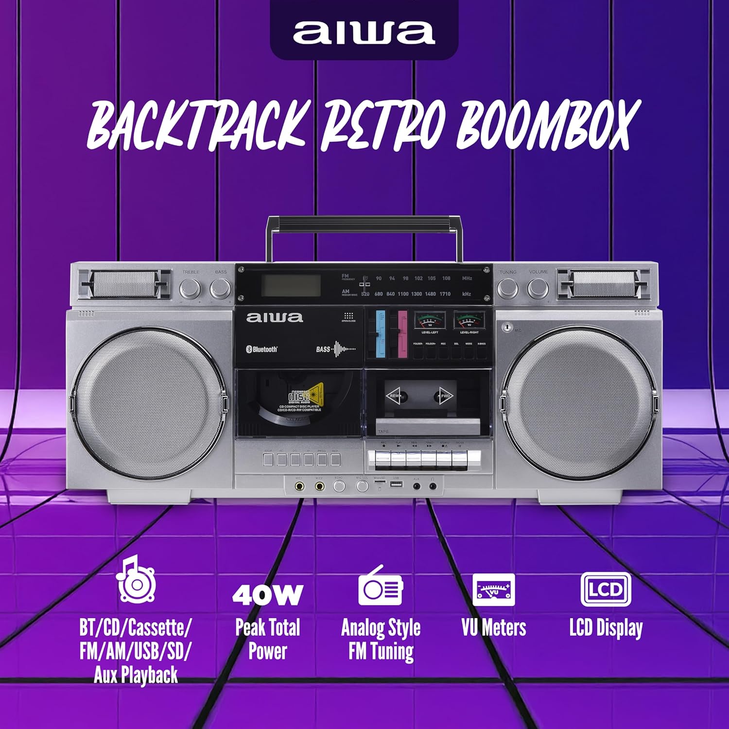 aiwa Retro Boombox CD Player with Cassette Recording