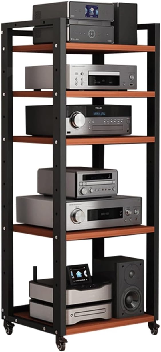 XMFBSY Medios AV Media Stand Adjustable Media Storage Shelves with Wheels Movable Record Player DVD CD Audio Rack Tower Video Game Console Shelf for Home Office Organizer(Rojo