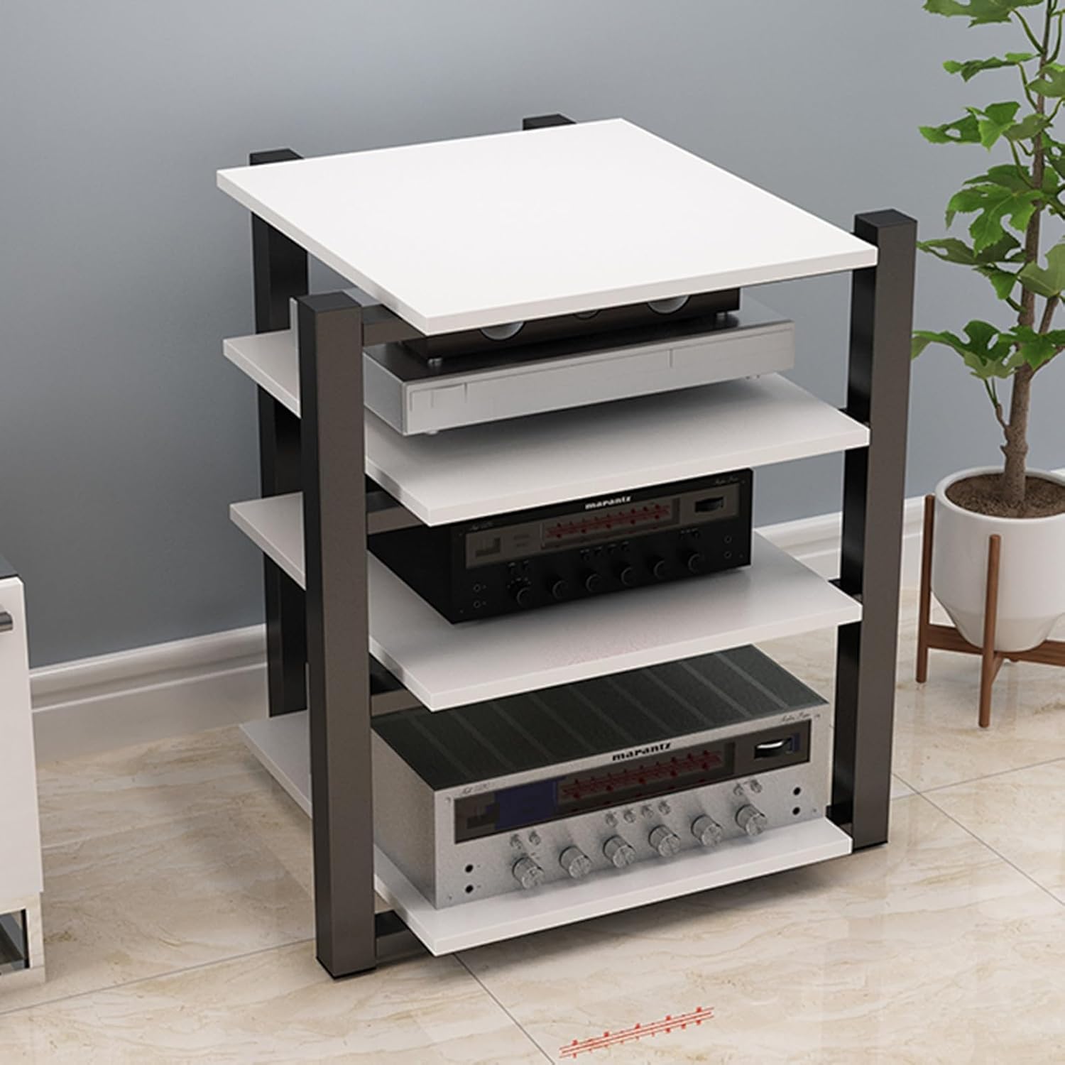 POWRZZZY Heavy Duty Audio Component Rack Movable 2-Tier Home Stereo with Adjustable Shelf and Drawers Entertainment Stereo Stand Media Tower for Your Home Entertainment System(Light White