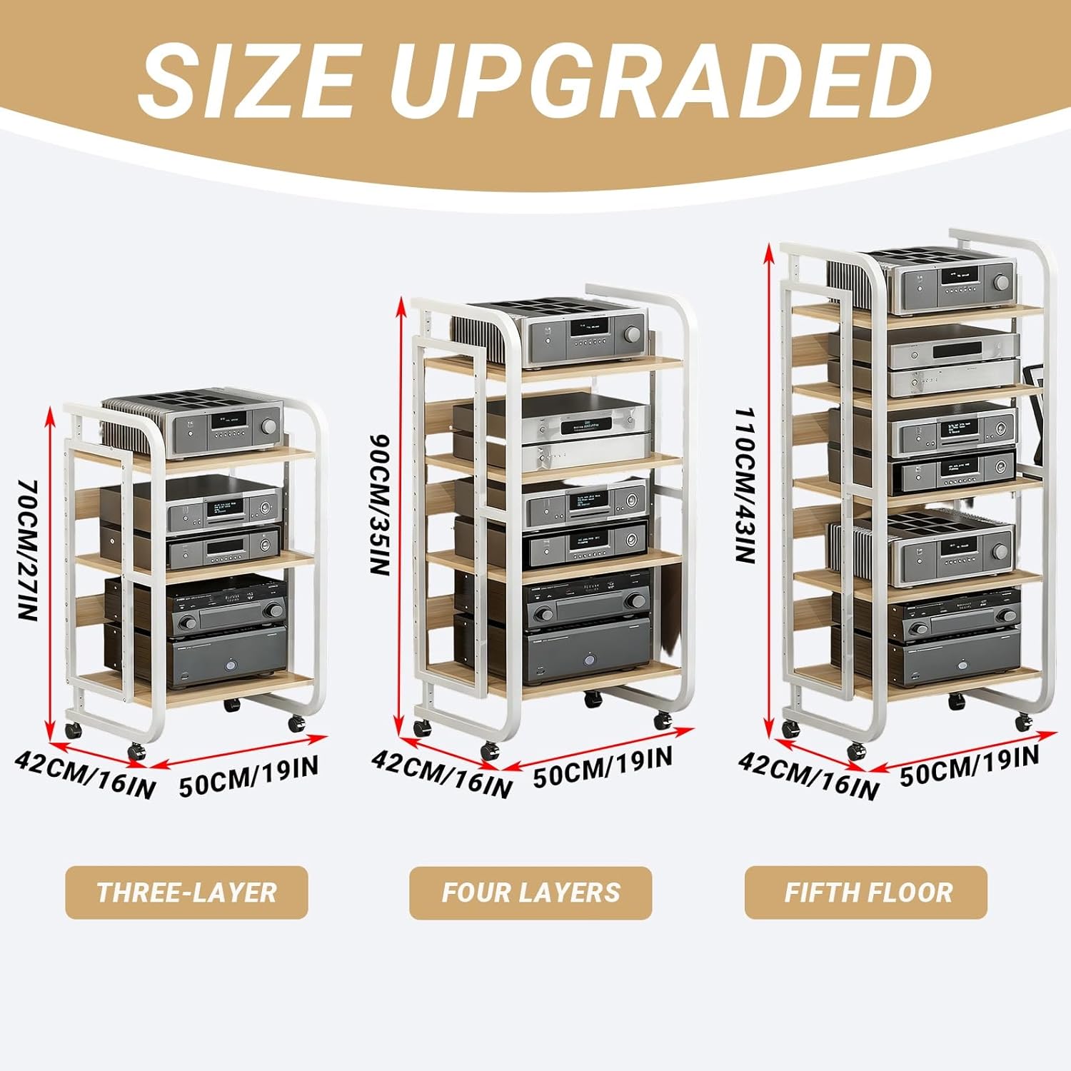 ZUGIATP 3/4/5 Tier AV Media Stand Home Stereo Rack Heavy Duty Stereo Racks and Stands with Height-Adjustable Shelf and Wheel Suitable for Living Room KTV Bar(C Type White