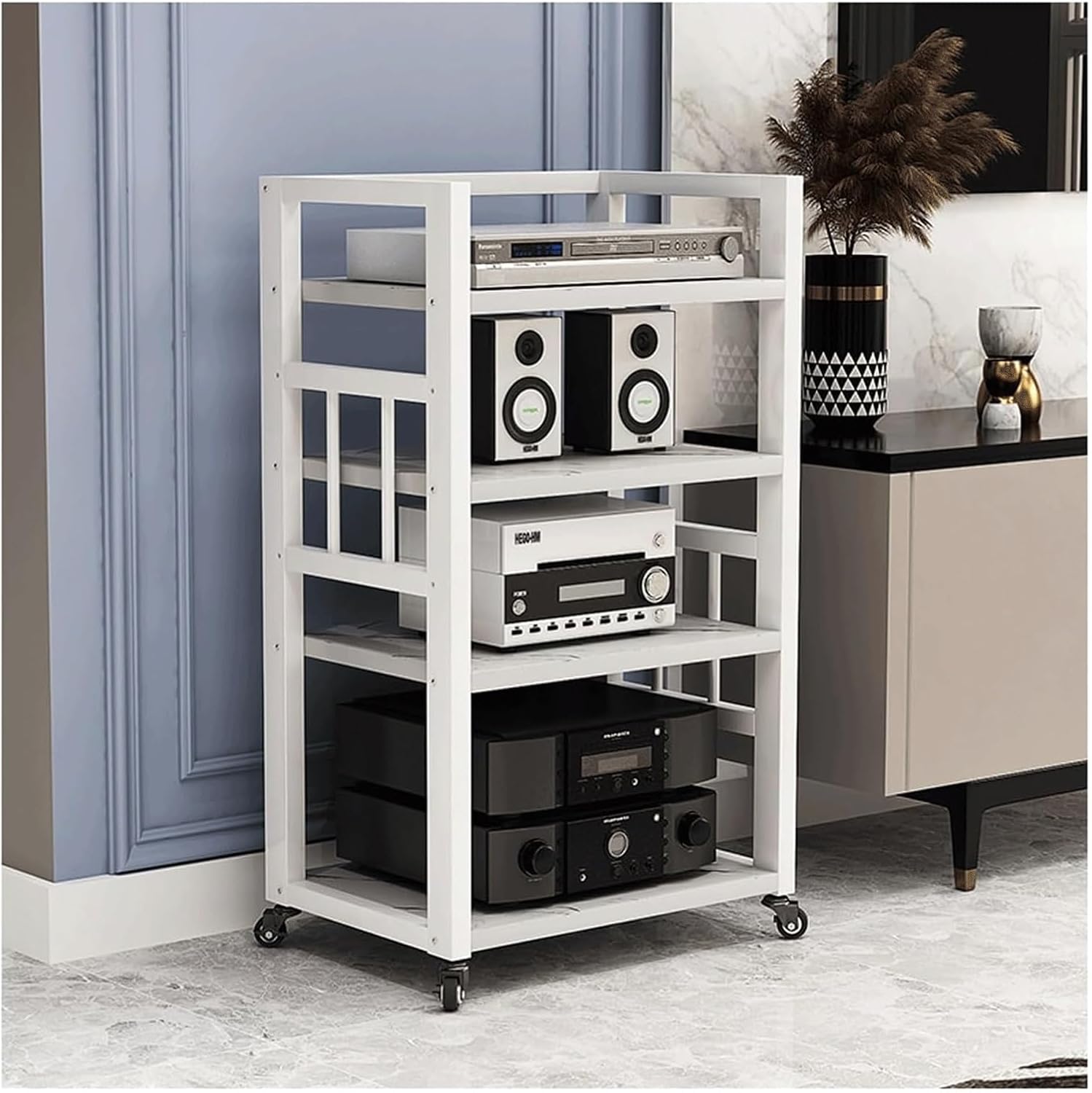 PZEOB Audio Tower Rack 4 Tier Audio-Video Shelving AV Media Stand with Wheels Modern Audio/Video Rack Stereo Stands for CD Record Player(Rojo)