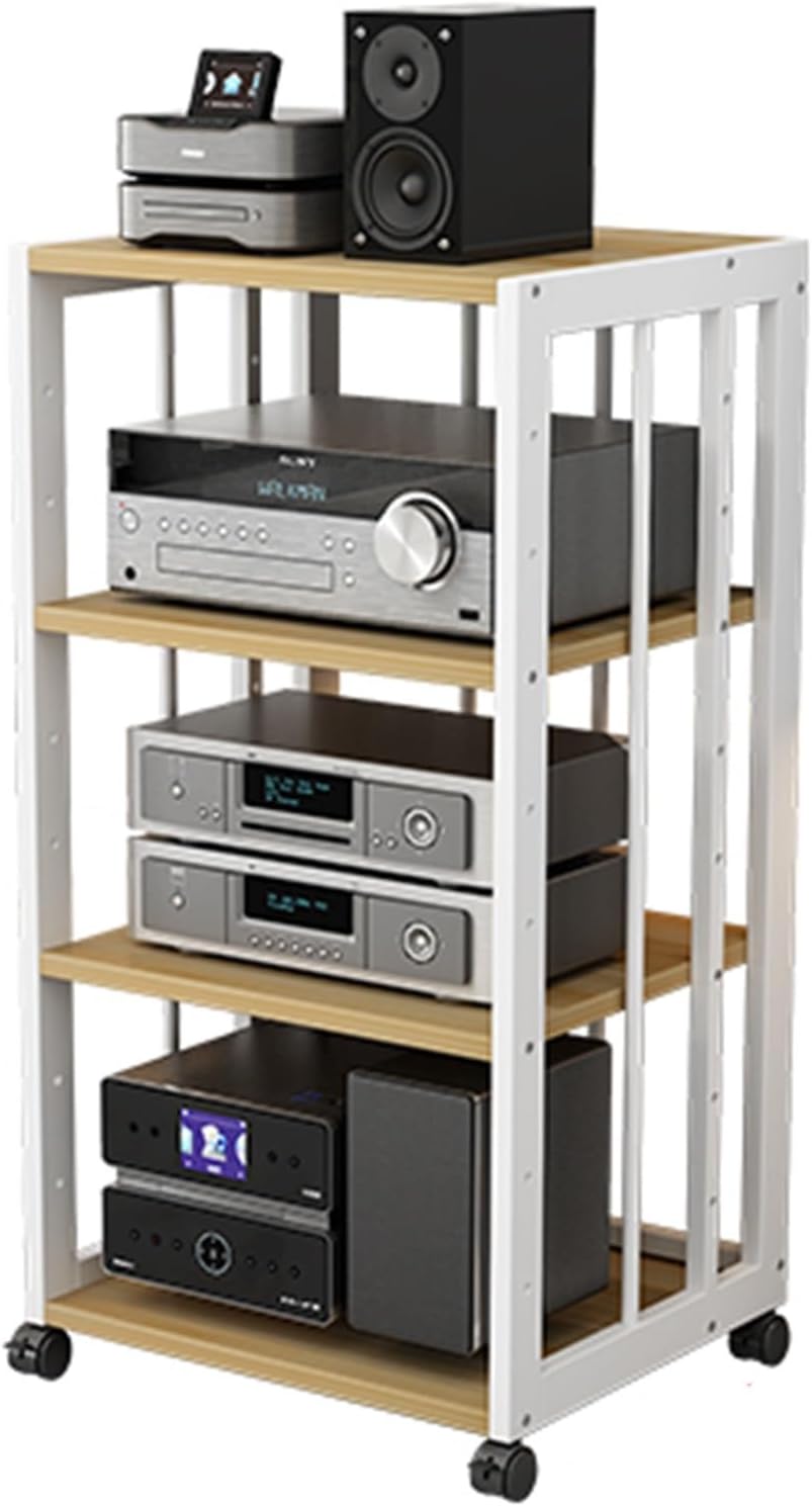 YLQFGUVWK AV Media Stand Stand Record Player Stand 4-Tier Wooden Shelves Stereo Component Storage Cabinet with Height Adjustable Wooden Shelves for Home/Office/Theater(Color-1)