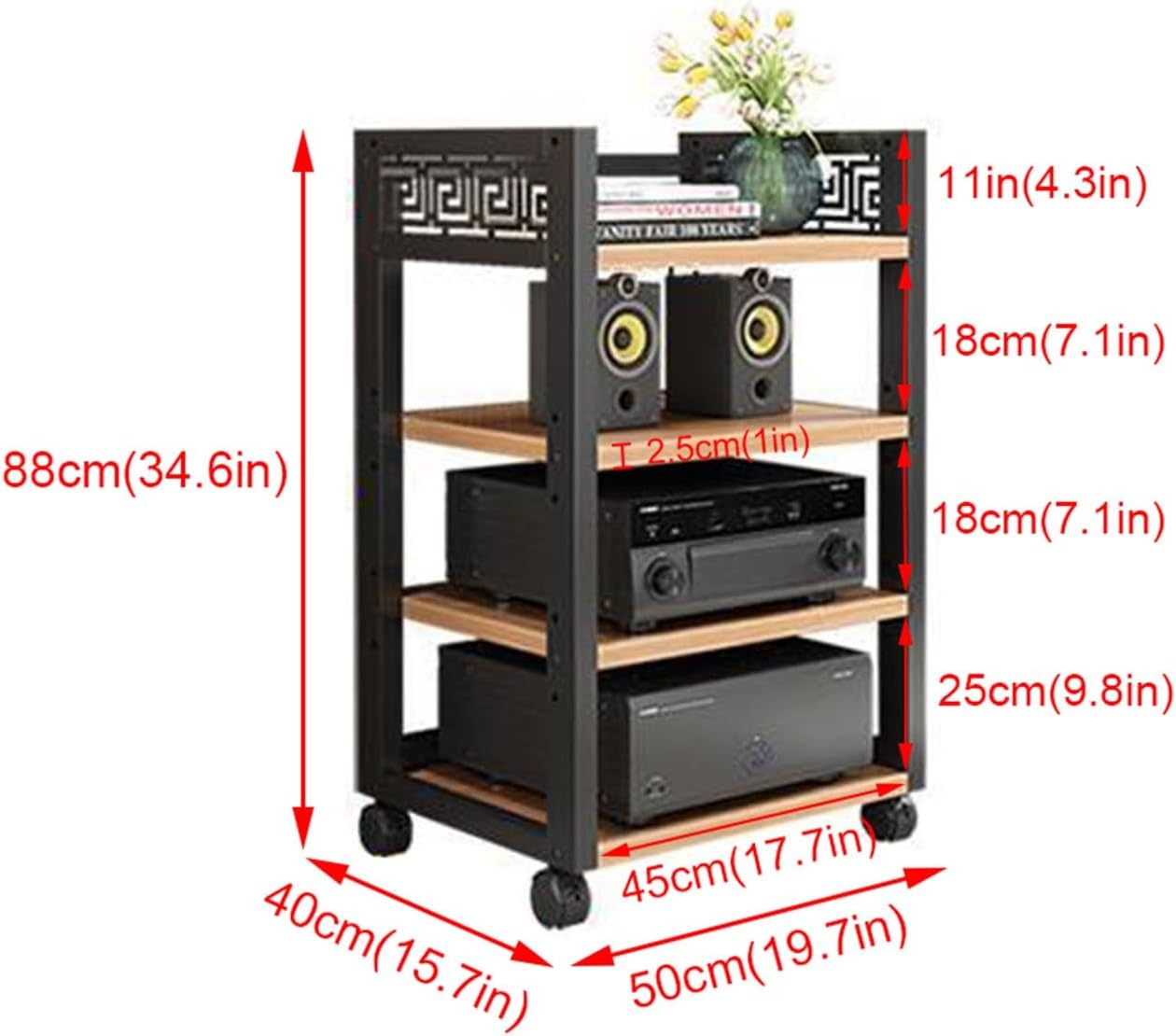 Generic AV Media Stand with Black Steel Frame and Wooden Storage Shelves - Multi-Function Component Cabinet for Living Room