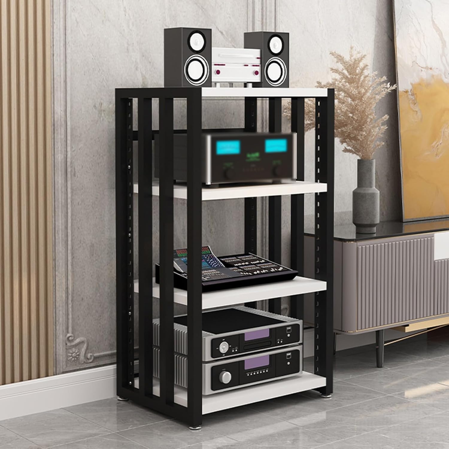 YLQFGUVWK 4 Tier AV Media Stand/Video Component Cabinet with Height Adjustable Wooden Shelf for Home/Office/Audio Video/DJ/Theatre (Color : White