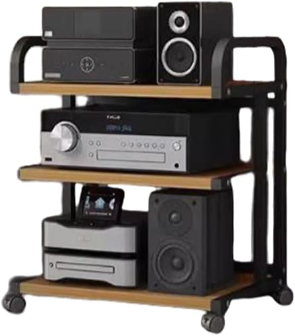 KGPGNYMYHA 4 Tier Corner Stereo System Audio Video Rack AV Media Stand With Wheels Wood Adjustable Shelves