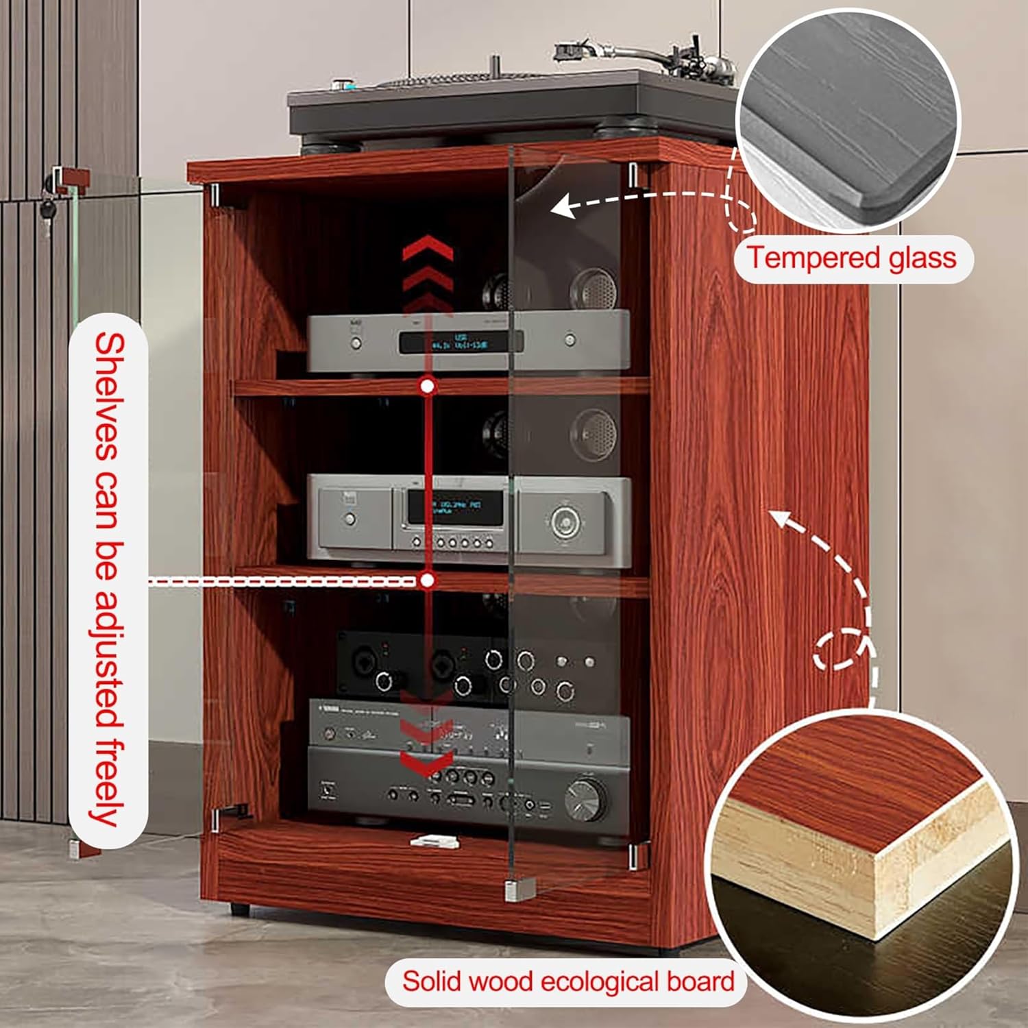 OVOGGPAN AV Media Stand Media Component Cabinet Stereo Audio Rack with Adjustable Shelves Tempered Glass Doors and Cable Management
