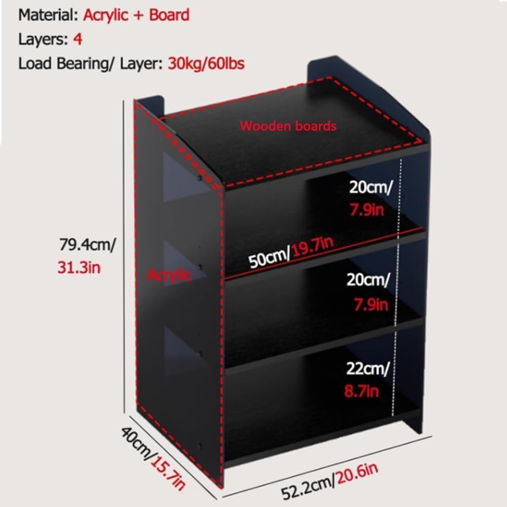 NILZA Acrylic Audio Component Rack 3/4-Layer Audio Rack Media Storage Shelves Adjustable Wooden Shelves Audio Stand Stereo RackMedia Stand for HiFi Audio Equipment(Clear+Black