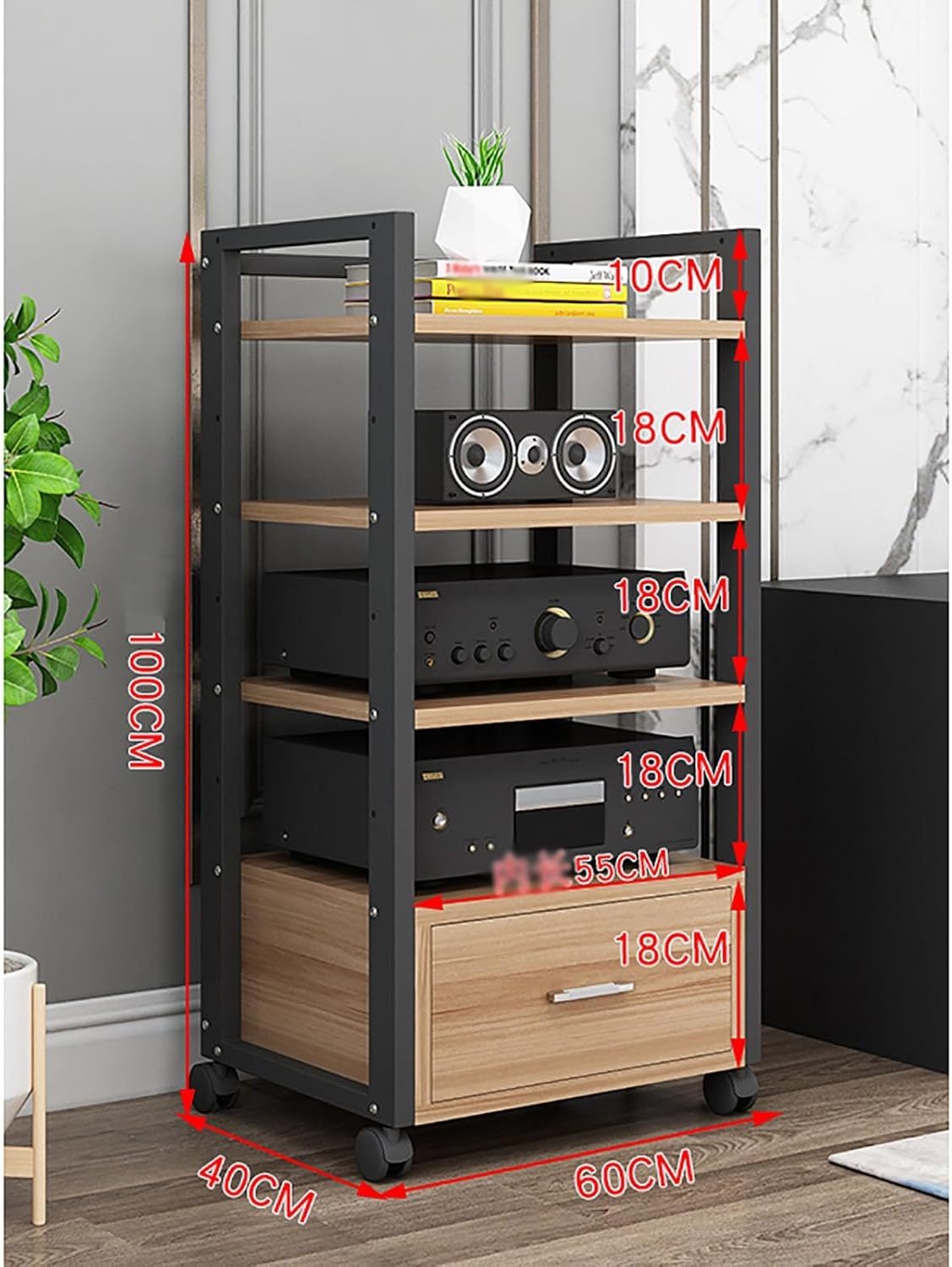 WUHUQN Media Stand Audio Rack with Drawer Amplifier Stand HiFi AV Cabinet Mobile Kickstand CD Rack Media Storage Shelf