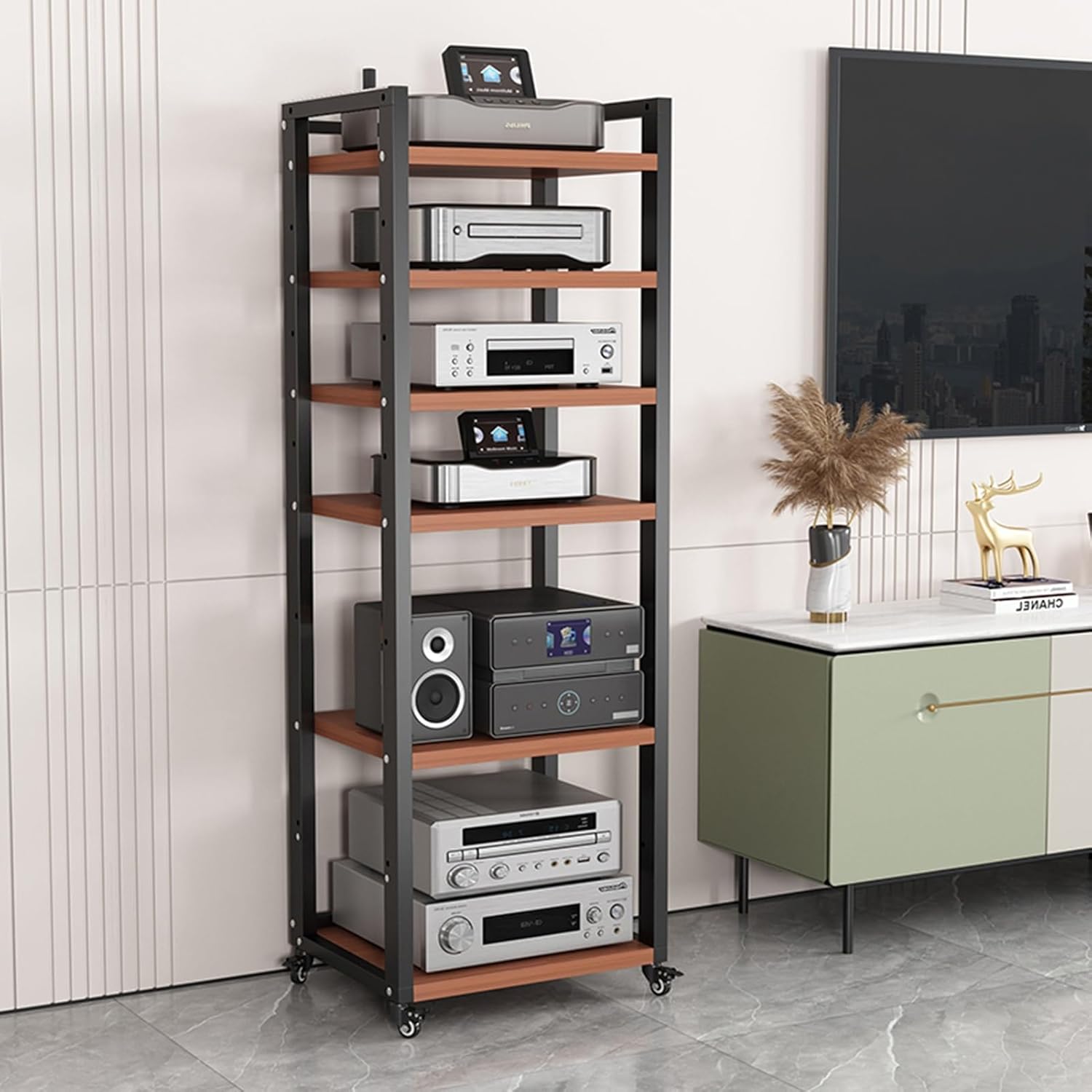 6 Tier Movable AV Media Stand Component Cabinet CD Player Stand Corner TV Stand Modern Stereo Rack Audio Tower with Height Adjustable Wooden Shelves for Home/Office/Theater (Color : A