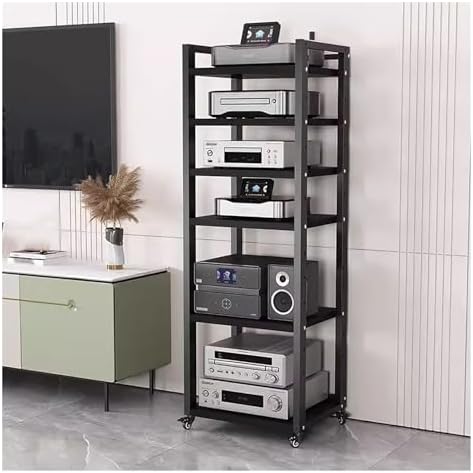 UYCVT Heavy Duty Media Storage Cabinet - 7-Tier Adjustable Audio-Video Rack with Rolling Shelves for Living Room Home Office - Tall Stereo Components Stand in Stylish Design-Black-#3-6 Tier