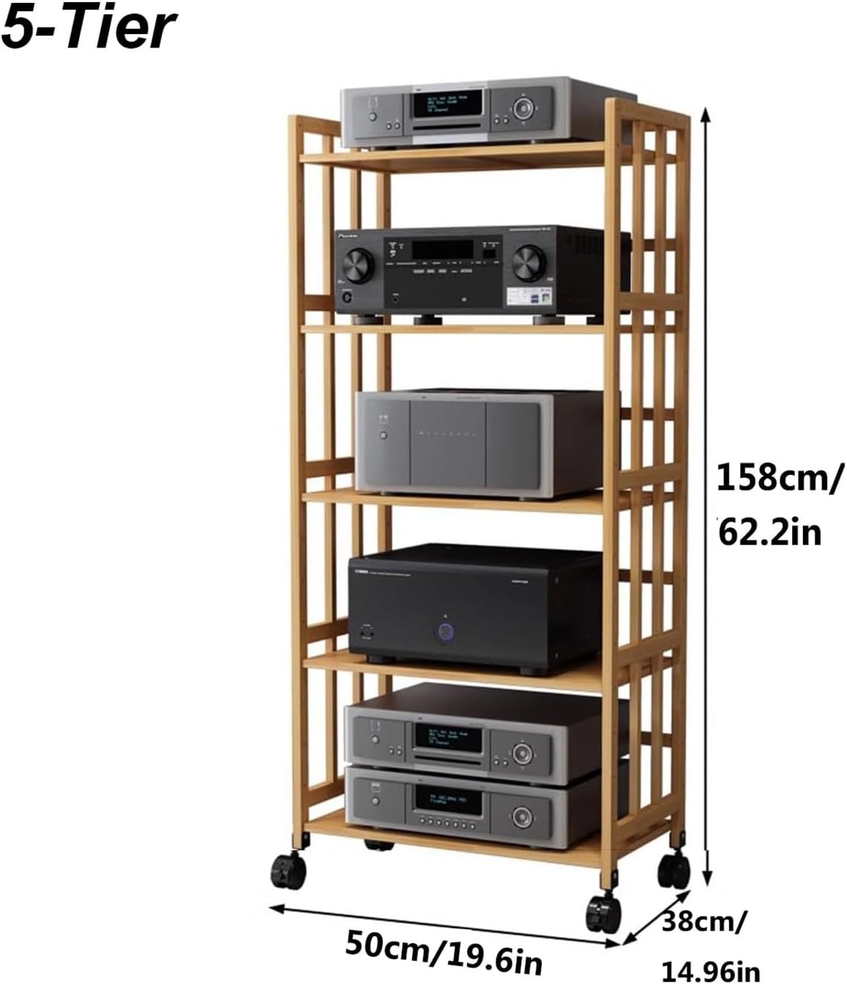 Removable 5-Tier AV Media Stand CD Player Stand Stereo Component Storage Cabinet with Height Adjustable Wooden Shelf for Home/Office/DJ/Theatre