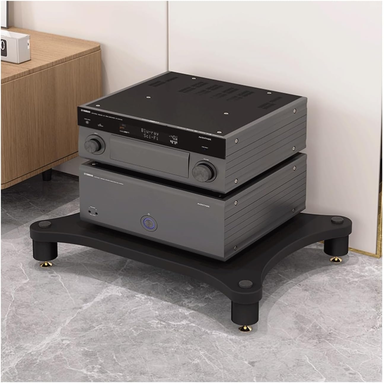 XMFBSY Medios Stereo Rack AV Media Stand with Shock-Absorbing Feet HiFi Stand Wooden CD Record Player Stereo Receiver AV Equipment Cabinet Display Rack Organizer(Black