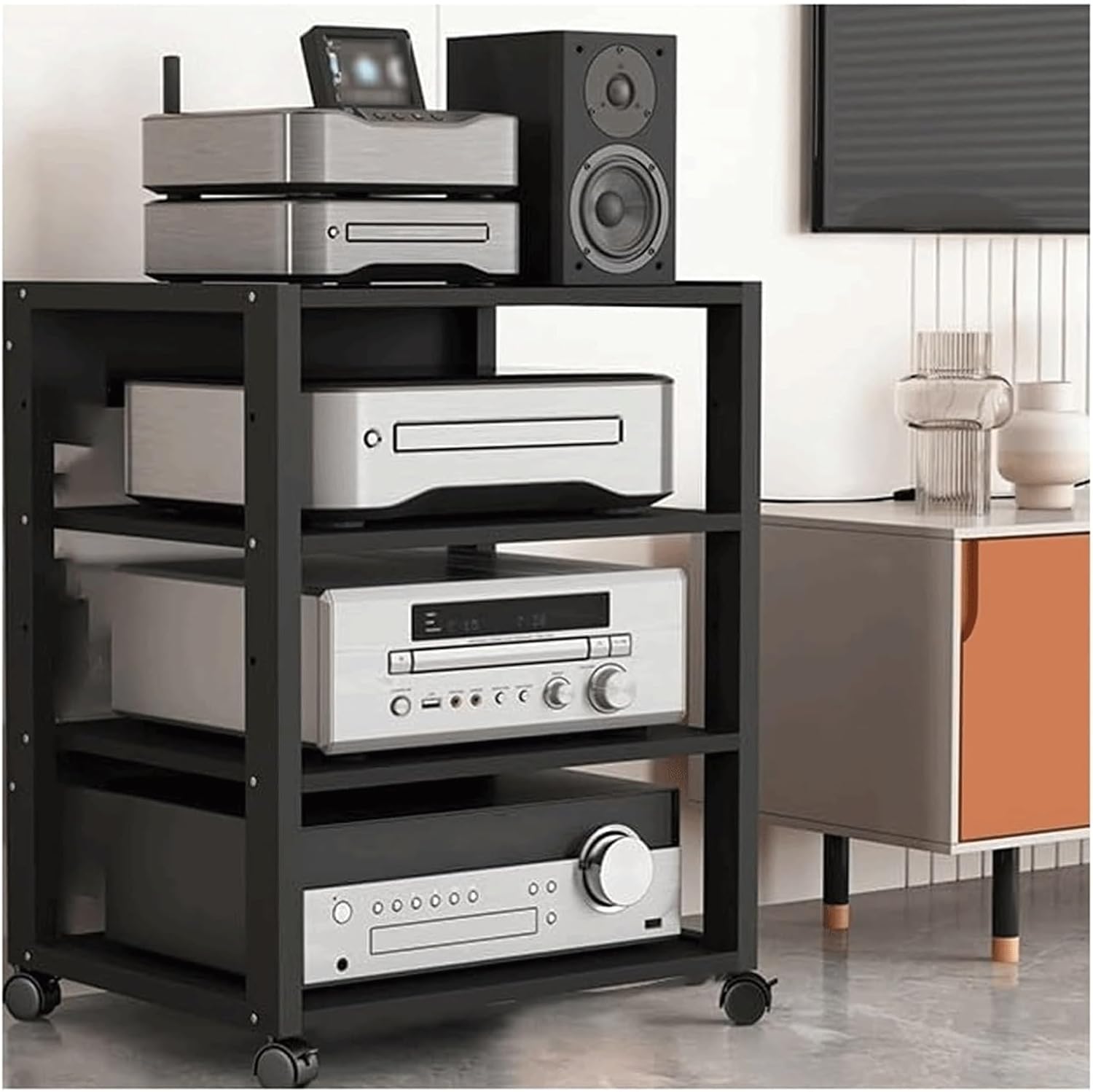 PZEOB Mobile Rack Audio Tower Height Adjustable Shelves Wooden Media Stand with Wheels Audio-Visual Shelving Stereo Stands Audio Rack Cabinet(Black