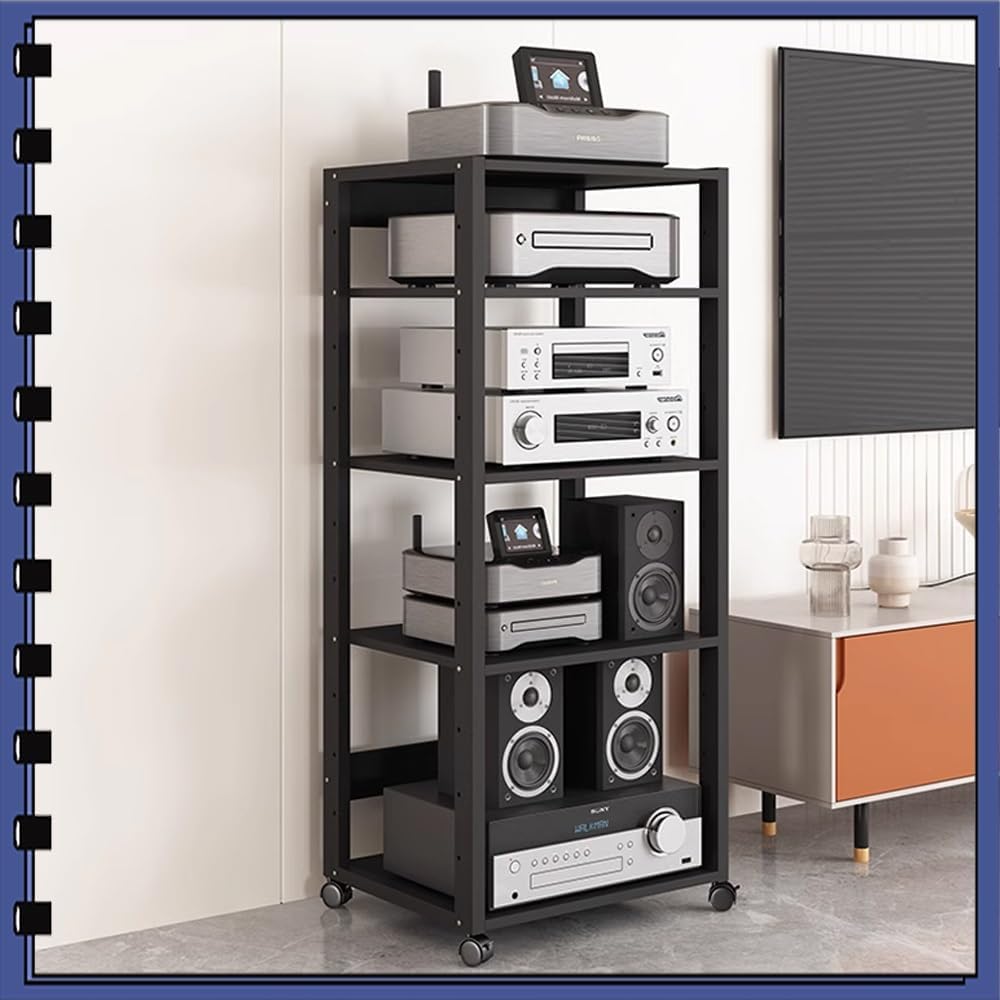 BERWDUXA Black Audio Amplifier Rack 2/3/4/5/6-Tier AV Media Stand HiFi Rack Audio Tower with Brake Casters CD Player/Game Console/TV Box Stand(5 Tier-50x40x110cm)
