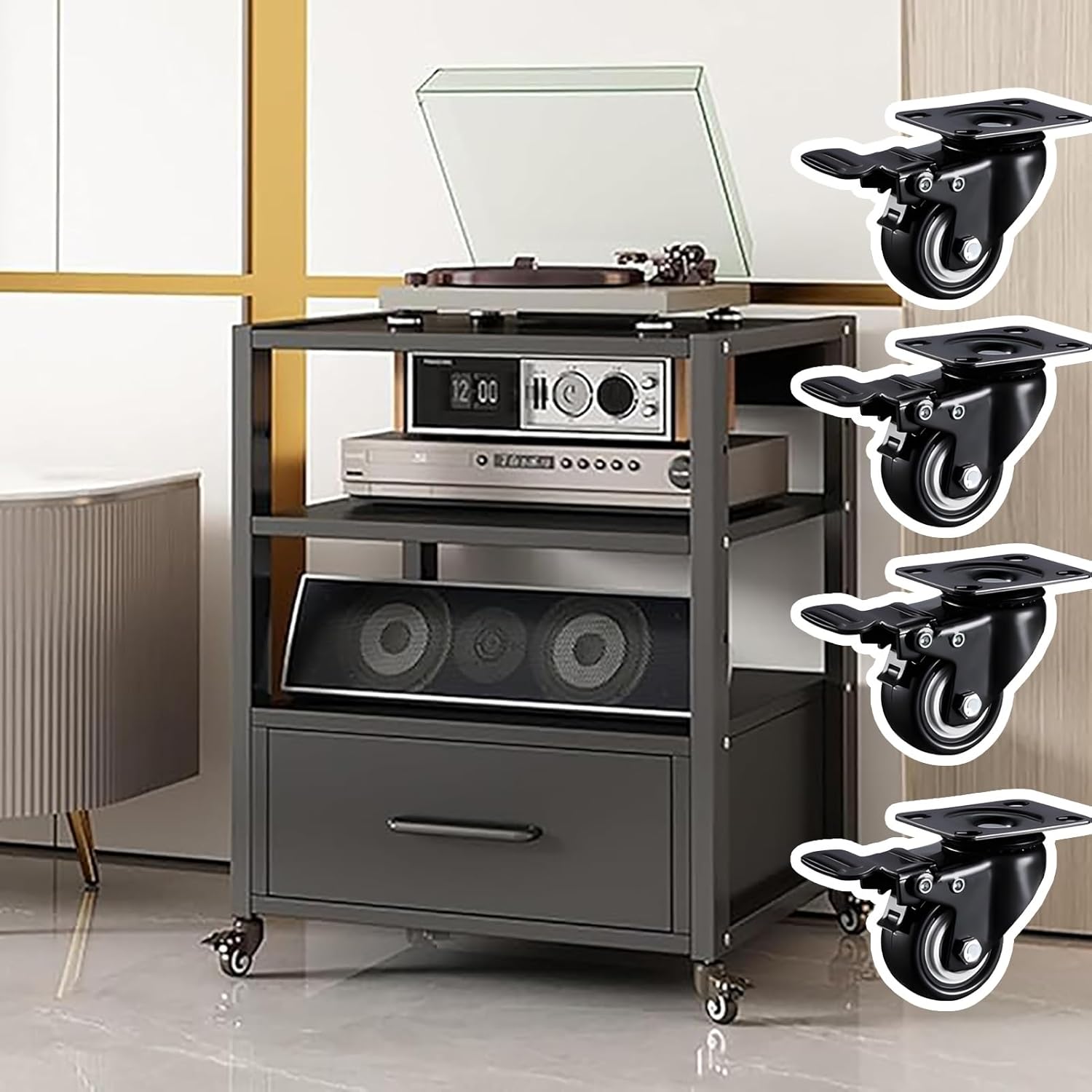 Audio-Video Shelving with Adjustable Shelves and Sliding Wheels