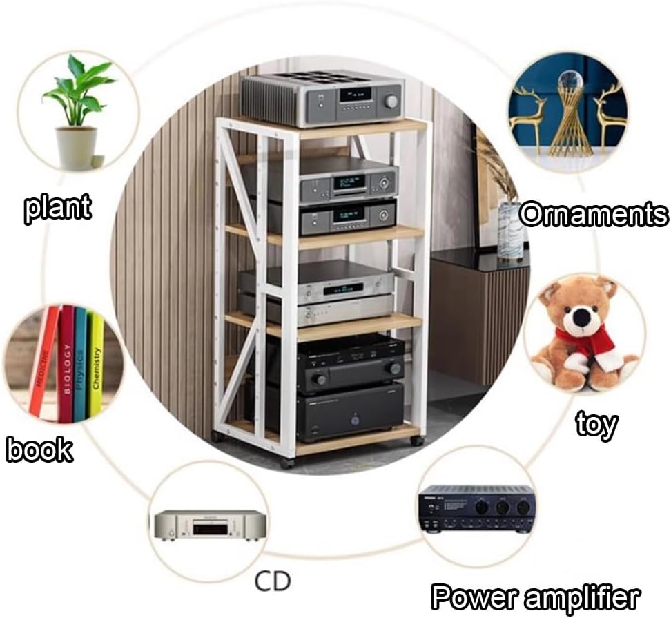 KGPGNYMYHA AV Media Stand With Wheel Movable Stereo Racks 3 4 5 Tier Audio Video Component Cabinet Game Console Shelf For CD DVD Player WiFi Routert(Black