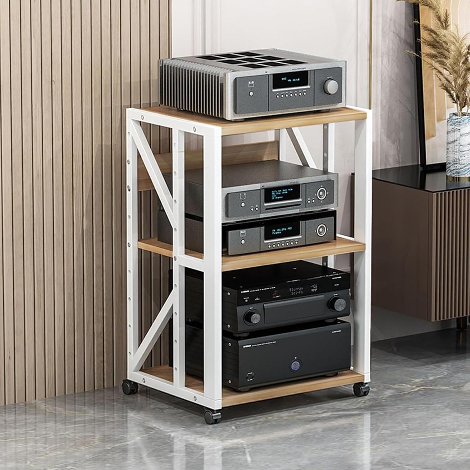 XingLi 3/4/5-Tier Audio Stand Wooden Corner Shelf Movable AV Media Player Stand Stereo Component Cabinet with Height Adjustable Wooden Shelf for Home/Office/Theater(3 tier)