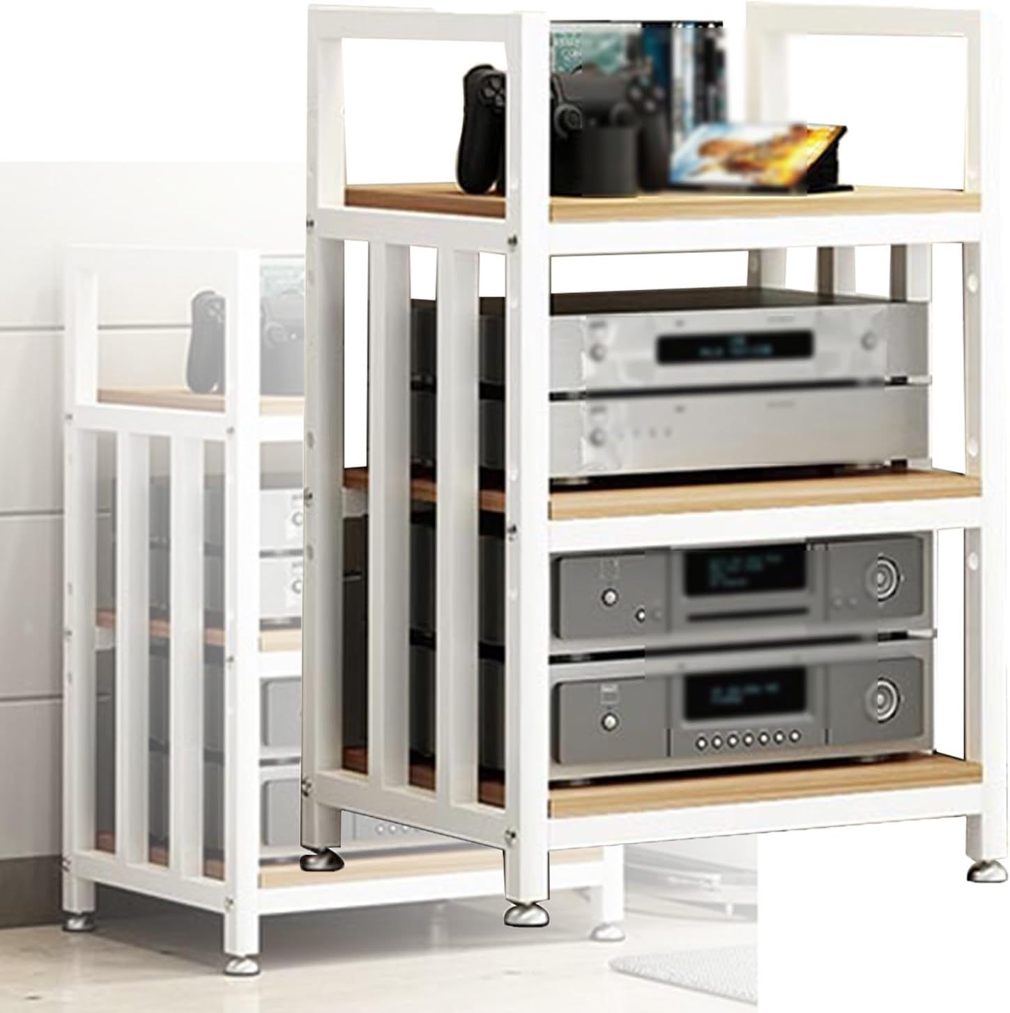 Media Stand Media Rack Audio/Video Component Cabinet 3-Tier Stereo Audio Rack Standing Tower with Height Adjustable Wooden Panels for Home/Office/Audio Video