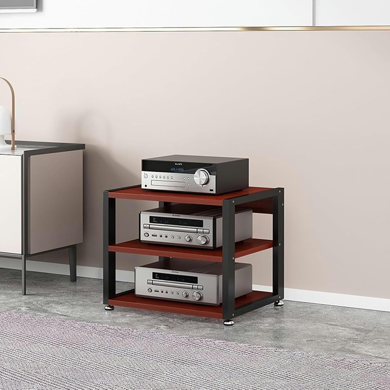 LGEOELIAS Media Stand Audio Video Rack Corner TV Entertainment Stereo Components Cabinet CD Player Stand Floor-Standing Open Storage Shelf with Height Adjustable Shelves for Home/Office/Theater