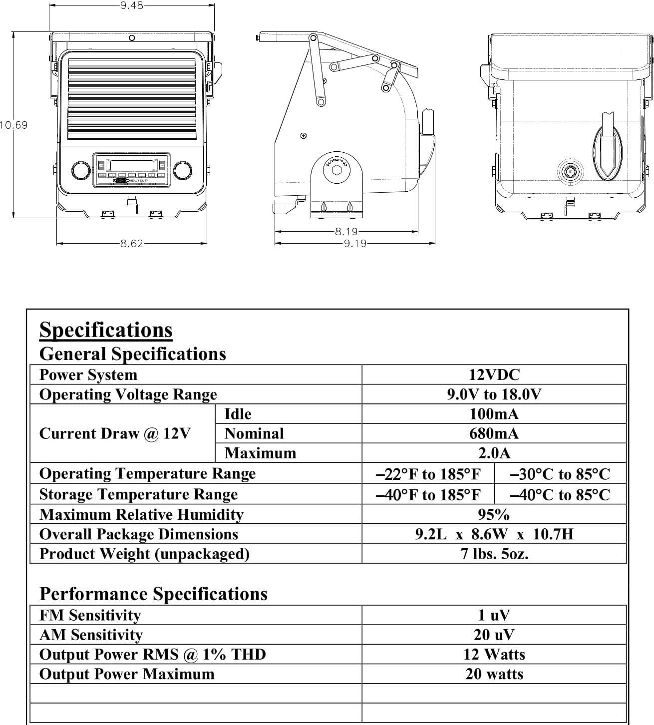 Jensen TRA4500 Self-contained Fender Mount Heavy Duty Radio and Speaker; 20W Max Power; 18 FM and 12AM Station Presets; ABS Housing; 3.5 mm Headphone Jack; 12V Positive or Negative Ground
