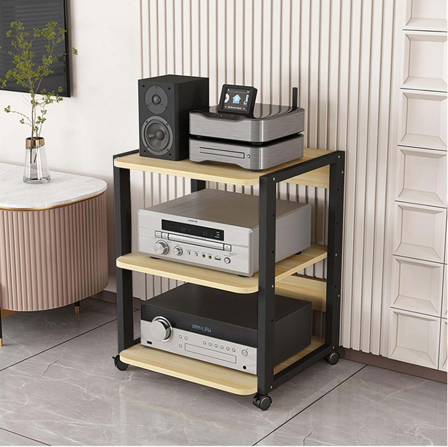 3-Tier Audio Video Media Stand Entertainment Stereo Component Cabinet with Height Adjustable Wooden Shelf and Mobile Wheels for Home/Office/Theater Storage Shelves-50x45x69.5cm (Color : B)
