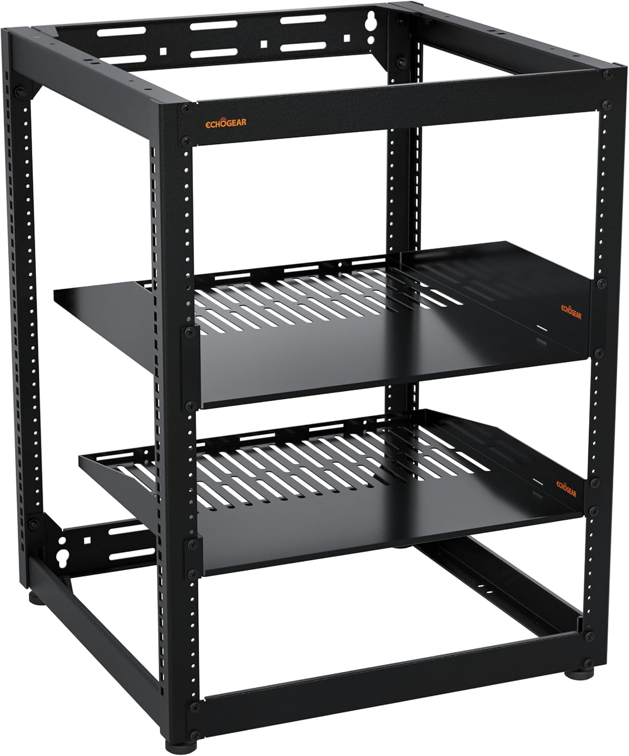ECHOGEAR 15U Open Frame Rack for Servers & AV Gear - Wall Mountable Design Includes 2X Vented Shelves