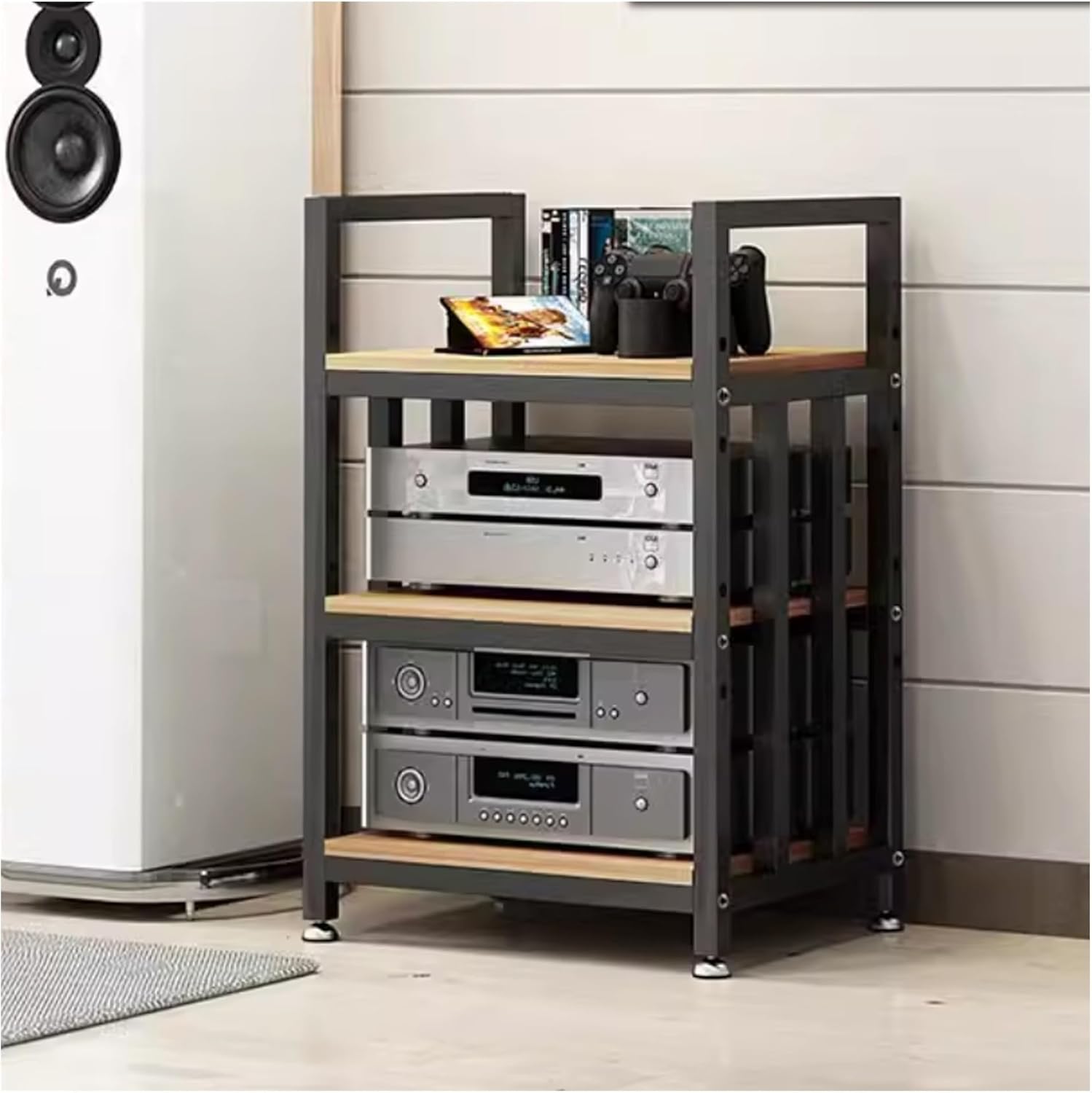 Audio Rack Tower Media Console Stereo Cabinet AV Media Stand with Wooden Shelves Adjustable Audio Component Rack for Home Long-Lasting(Natural